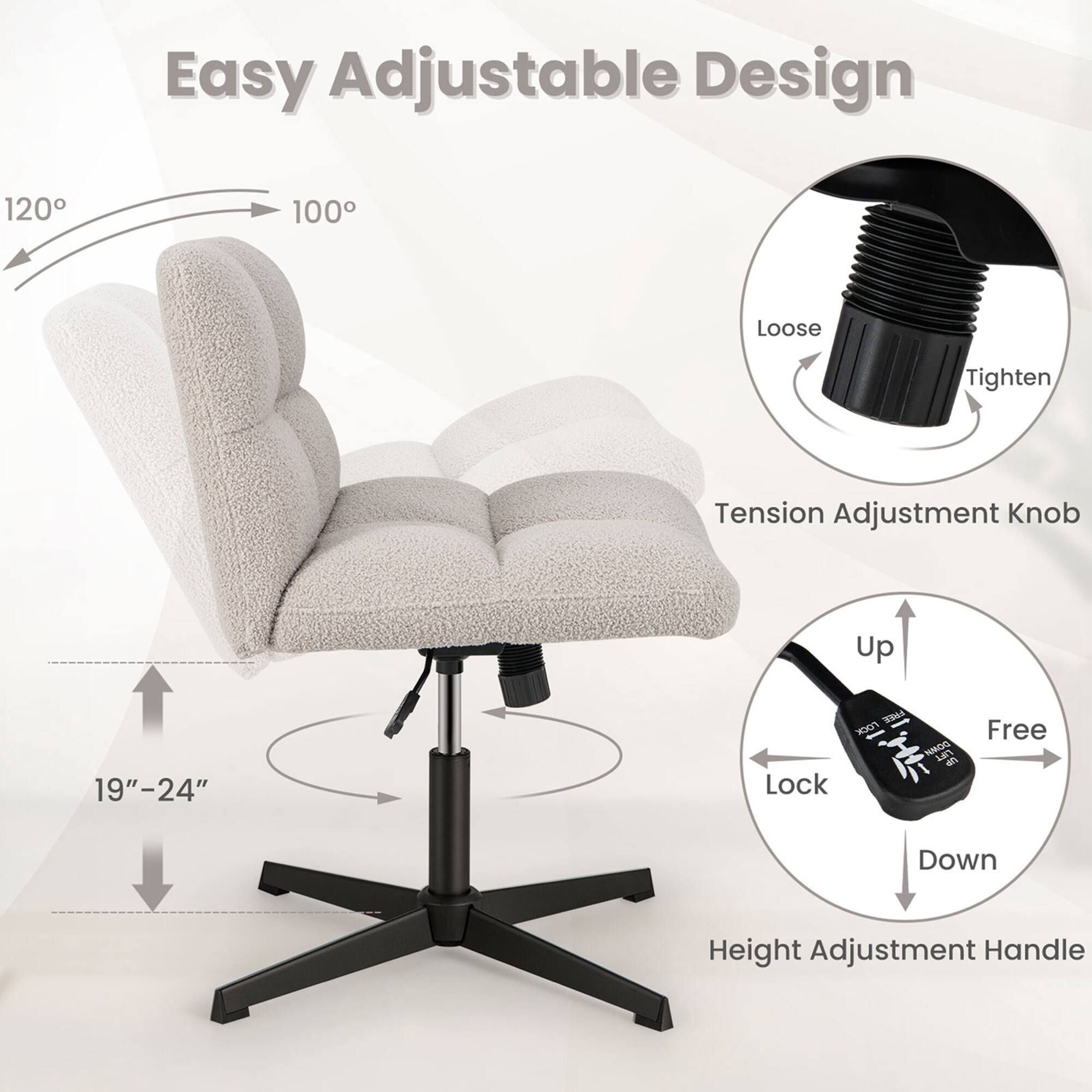 Easy Adjustable Design: 120-100 Loose/Tighten Tension Adjustment Knob Up/Down 19"-24" Seat Height Adjustment Handle.