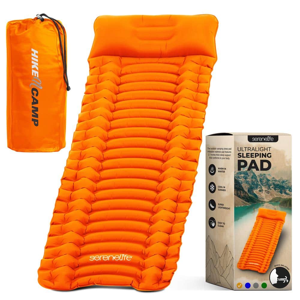 SereneLife - Sleeping Pad with Pillow for Camping - Compact Sleeping Mat with Fast Inflation - Orange