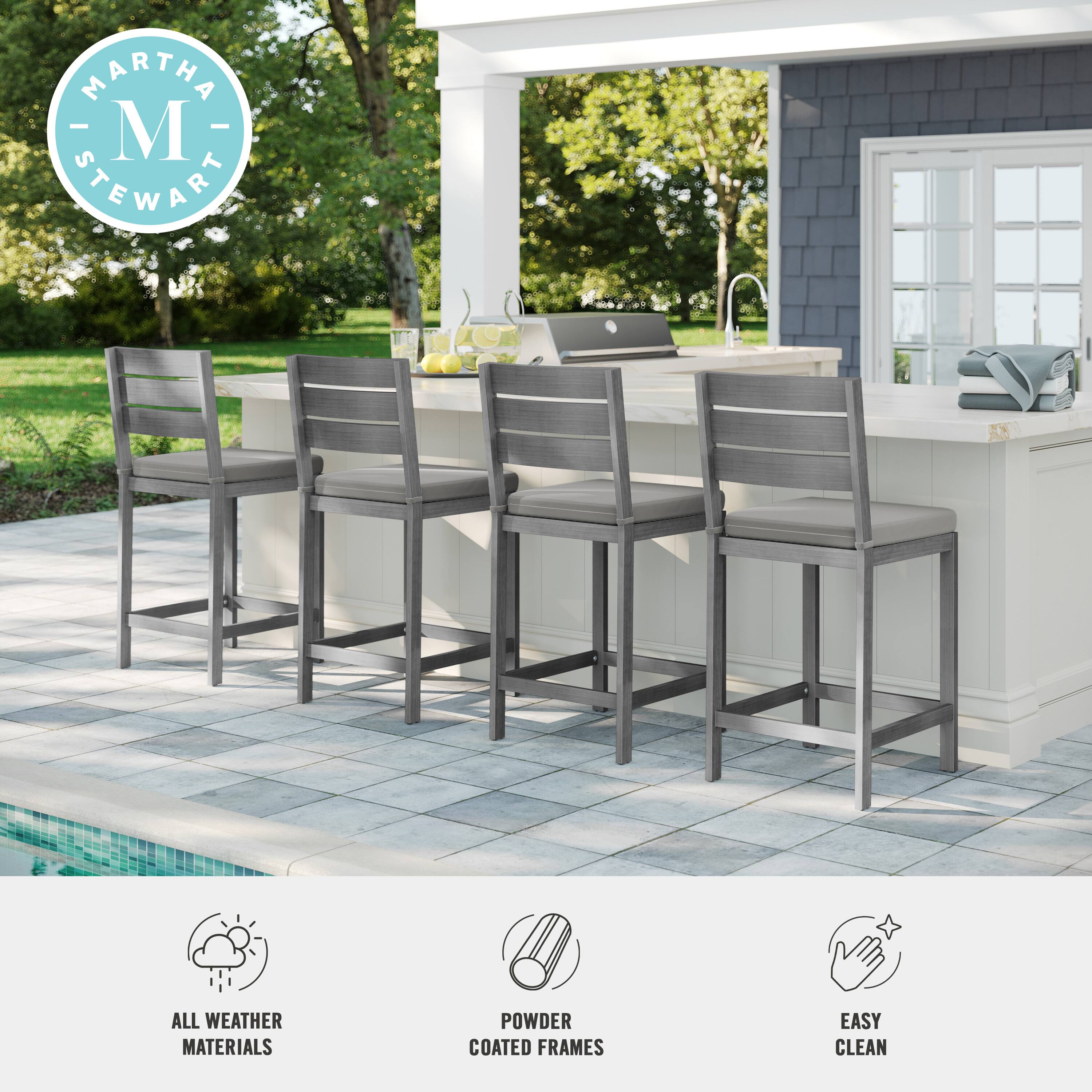 Martha Stewart all weather materials. Powder coated frames. Easy clean.