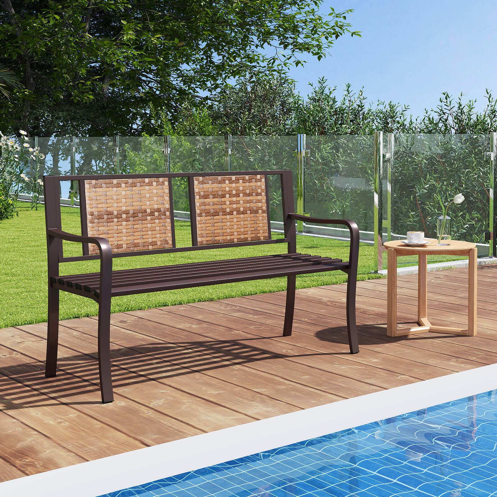 Alt View 4. Costway - Costway 51" Patio Metal Bench for 2-3 with Rattan Backrest & Curved Armrests for Backyard - Brown.