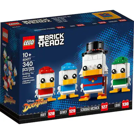 LEGO BrickHeadz 40477
10+
340 pcs/pzs
Building Toy
Jouet de construction
Juguet para Construir
Disney DuckTales
Scrooge McDuck 127
Huey 128
Dewey 129
Louie 130