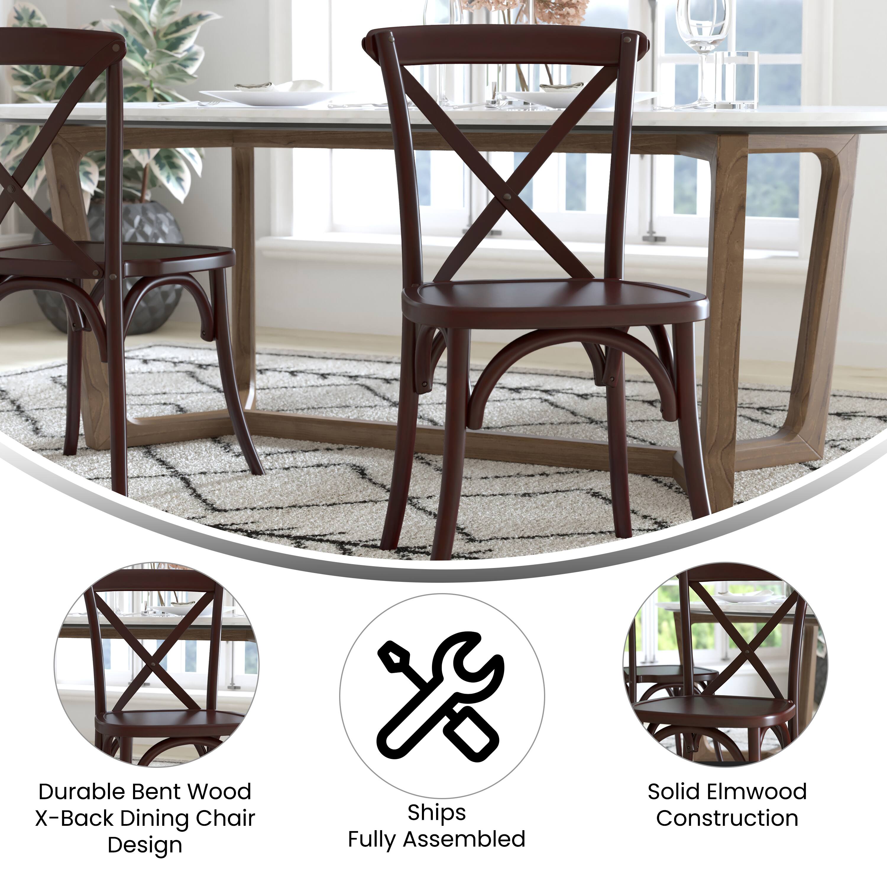 Durable Bent Wood X-Back Dining Chair Design  
Ships Fully Assembled  
Solid Elmwood Construction
