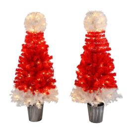 BreeBe - Lighted Santa Hat Style Christmas Tree Set of 2, 4ft Artificial Tree with Warm White Lights - Red,White