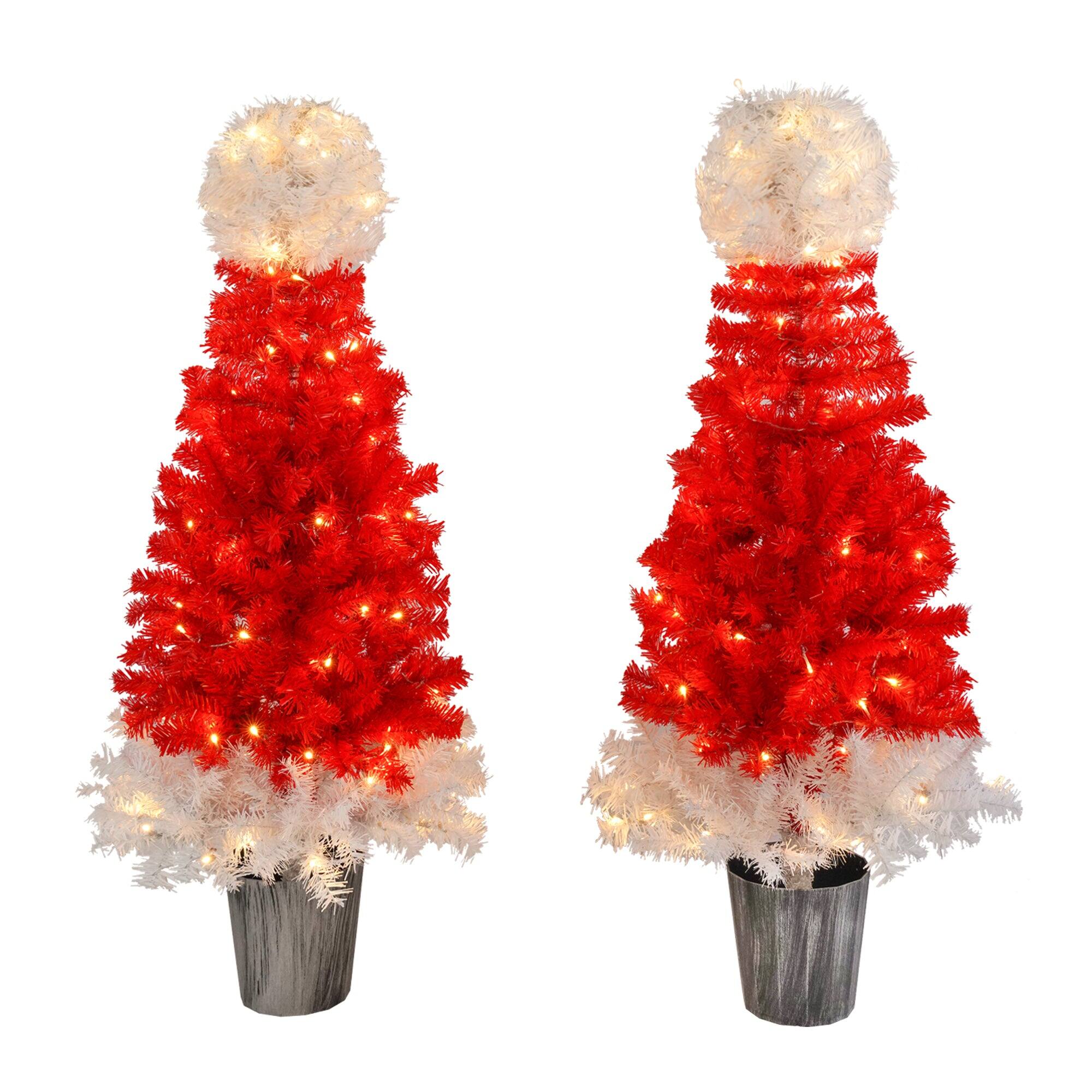 Front. BreeBe - Lighted  Santa Hat Style Christmas Tree Set of 2, 4ft Artificial Tree with Warm White Lights - Red,White.