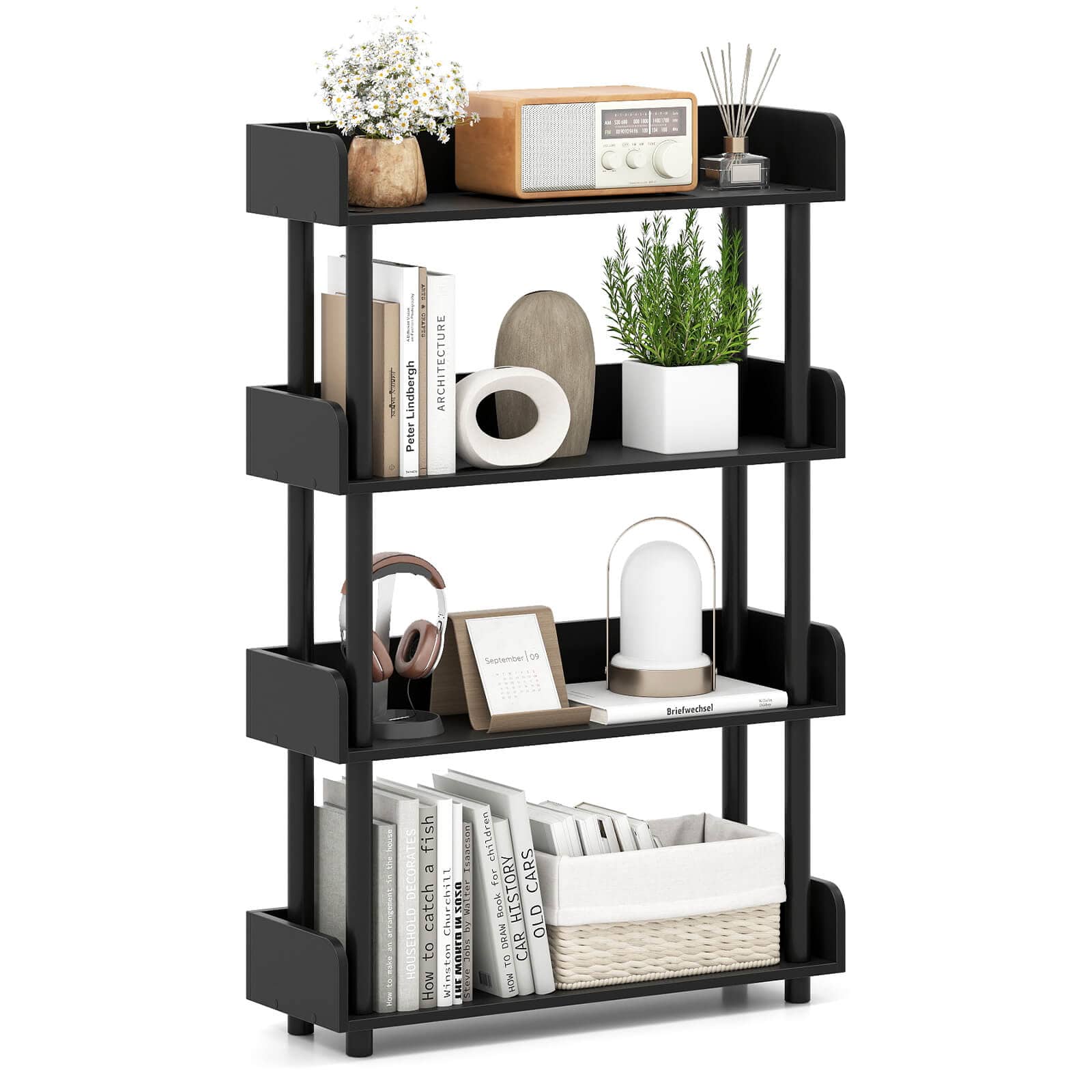 Costway - 1 PCS 4-Tier Bookshelf with Anti-Tipping Kit Industrial Storage Unit for Living Room - Black