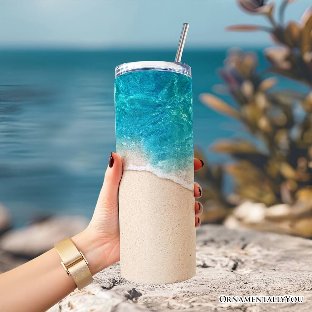 Back. OrnamentallyYou - Turquoise Ocean Shore 20oz Tumbler With Lid and Stainless Steel Straw - Multicolored.