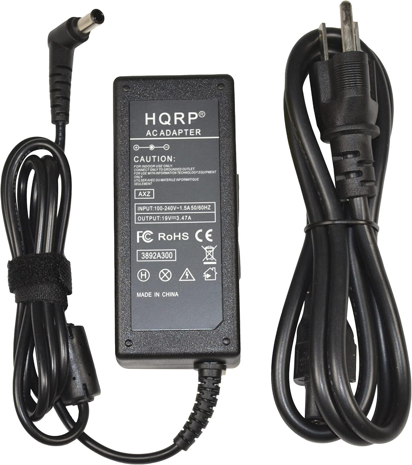 HQRP AC ADAPTER  
CAUTION: FOR INDOOR USE ONLY. CONNECT ONLY TO GROUNDED OUTLET FOR USE WITH INFORMATION TECHNOLOGY EQUIPMENT ONLY.  
AXZ  
INPUT: 100-240V~1.5A 50/60Hz  
OUTPUT: 19V~3.47A  
FC RoHS CE  
3892A300  
MADE IN CHINA