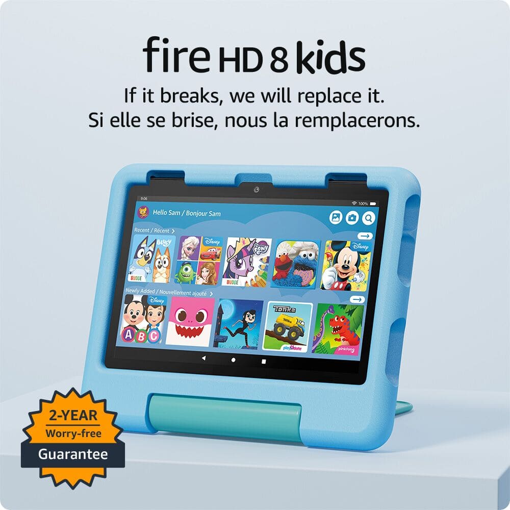 Fire HD 8 Kids - If it breaks, we will replace it. Si elle se brise, nous la remplacerons. BOE Hello Sam / Bonjour Sam 100% Recent / Rcent, BUY Disney 1 Disney Budge Newly Added / Nouvellement ajout > Disney A B C BUOGE Tonks -0u S p Sloote pinktorg 2-YEAR Worry-free Guarantee.