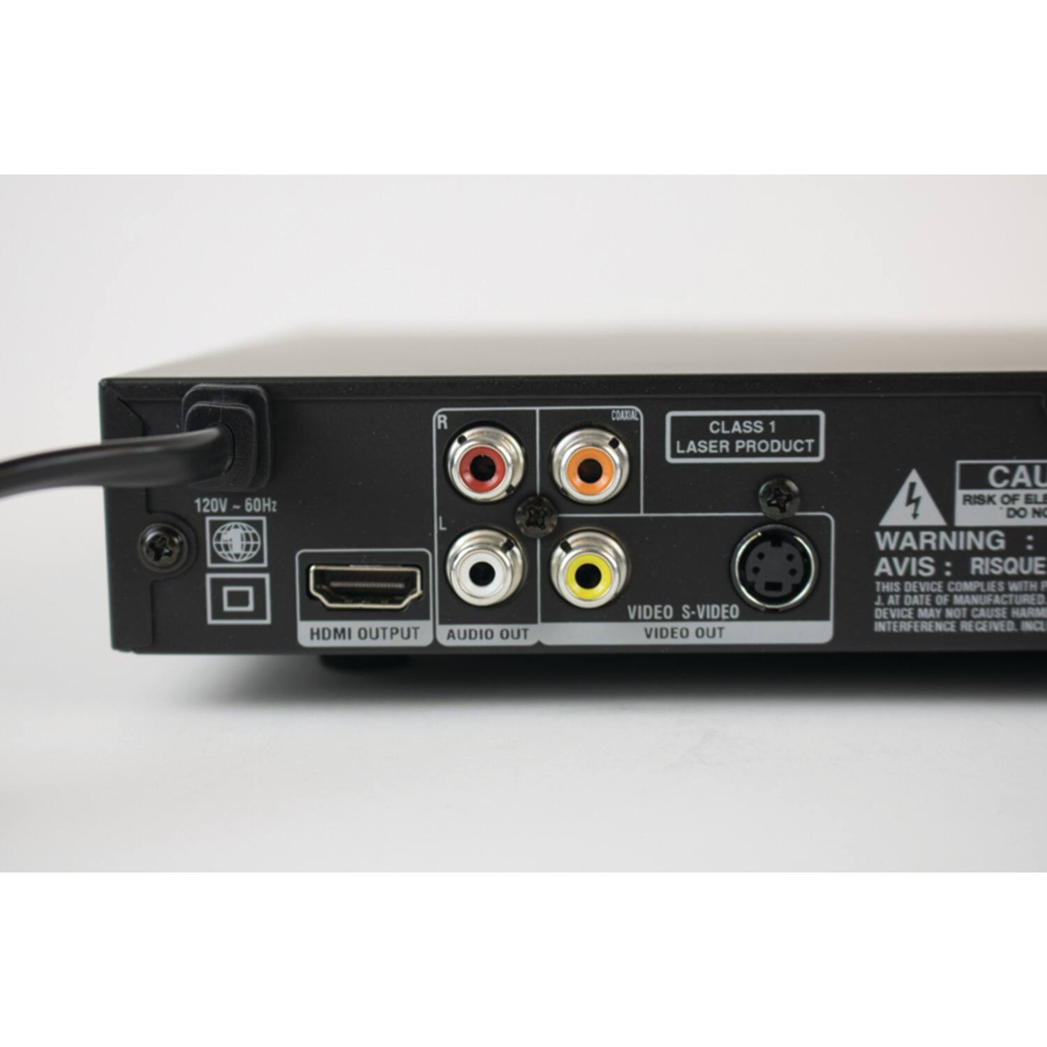 120V - 60Hz

CLASS 1 LASER PRODUCT

HDMI OUTPUT
AUDIO OUT
VIDEO S-VIDEO
VIDEO OUT

WARNING:
RISK OF ELECTRIC SHOCK
DO NOT OPEN

AVIS:
RISQUE D'ÉLECTRICITÉ
NE PAS OUVRIR

THIS DEVICE COMPLIES WITH FCC PART 15. IF THIS DEVICE CAUSES HARMFUL INTERFERENCE TO RADIO OR TV RECEIVERS, WHICH CAN BE DETERMINED BY TURNING THE DEVICE OFF AND ON, YOU SHOULD TRY TO ELIMINATE THE INTERFERENCE BY MOVING THE ANTENNA CABLE. IF THE INTERFERENCE CONTINUES TO OCCUR, PLEASE CONTACT THE MANUFACTURER.

J'AI CONFORME À LA RÉGLEMENTATION FCC PART 15. SI CE DISPOSITIF CAUSE UN ENTÂCHEMENT RADIOÉLECTRIQUE OU TV, VOUS POUVEZ LE DÉTERMINER EN ÉCOFFANT LE DISPOSITIF. SI L'ENTÂCHEMENT CONTINUE, VEUILLEZ CONTACTER LE FABRICANT.