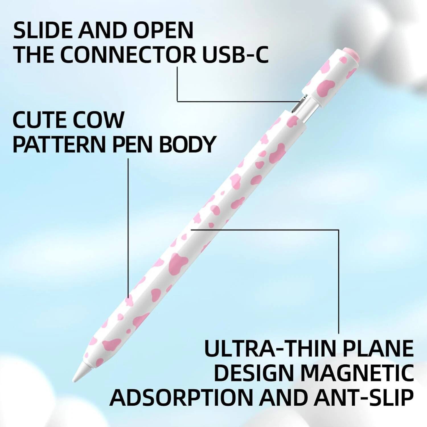 Sure, here is the corrected and grouped text:

- Slide and open the connector USB-C
- Cute cow pattern pen body
- Ultra-thin plane design magnetic adsorption and anti-slip