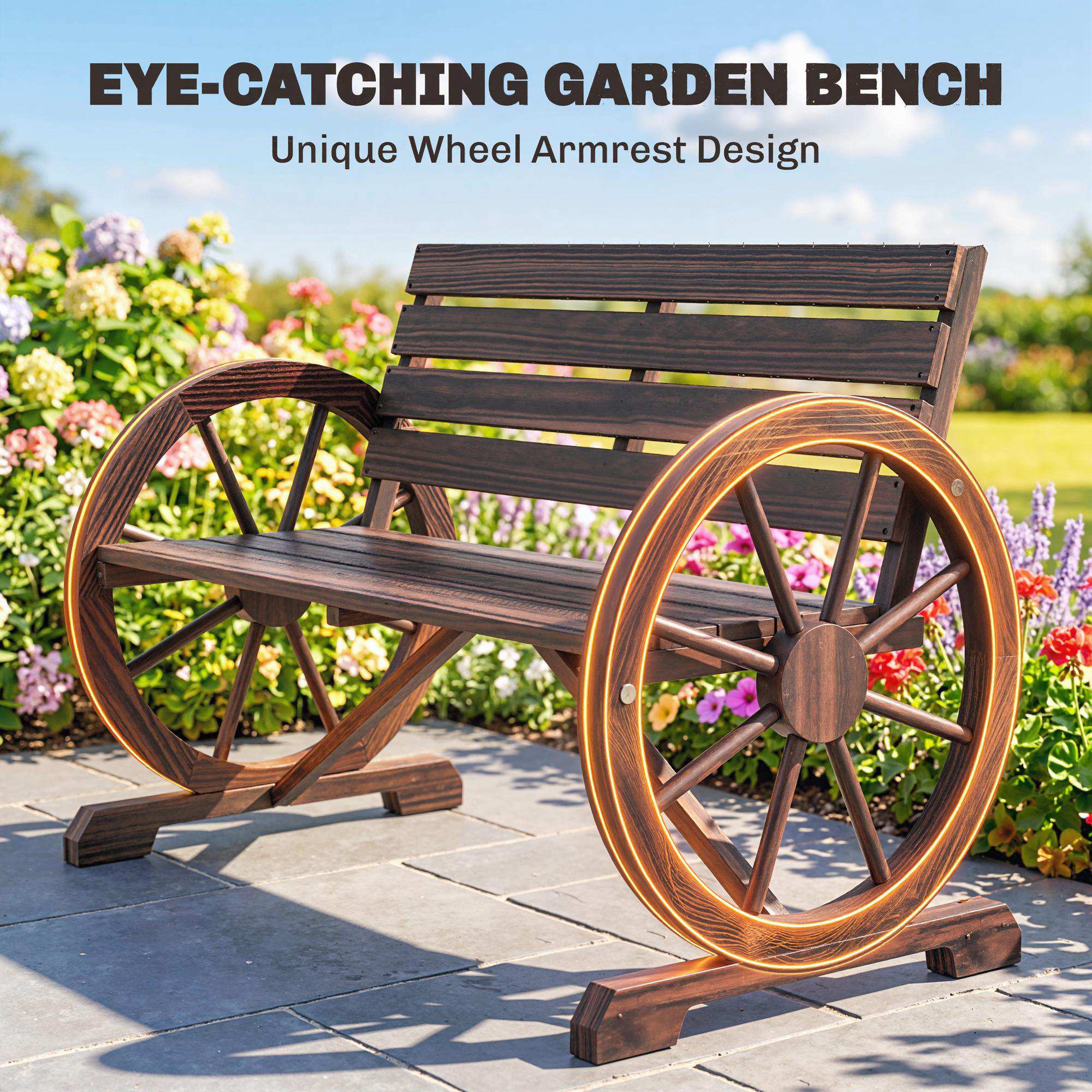 EYE-CATCHING GARDEN BENCH  
Unique Wheel Armrest Design