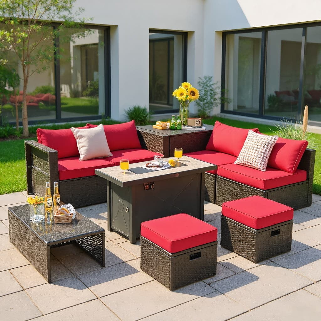 Kadyn - 9 Pieces Outdoor Patio Furniture Set with 42 Inch Propane Fire Pit Table- Patio Seating Conversation Set - Red