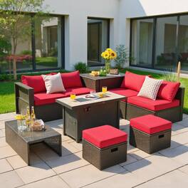 Kadyn - 9 Pieces Outdoor Patio Furniture Set with 42 Inch Propane Fire Pit Table- Patio Seating Conversation Set - Red