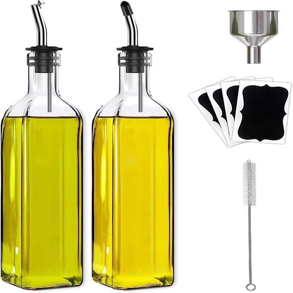 Schertz - 2-Pc Glass Olive Oil & Vinegar Dispenser Set – 500ml with Pourers, Labels, Brush & Funnel