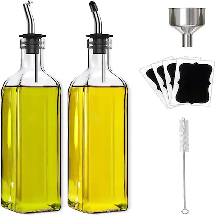 Front. Schertz - 2-Pc Glass Olive Oil & Vinegar Dispenser Set – 500ml with Pourers, Labels, Brush & Funnel.