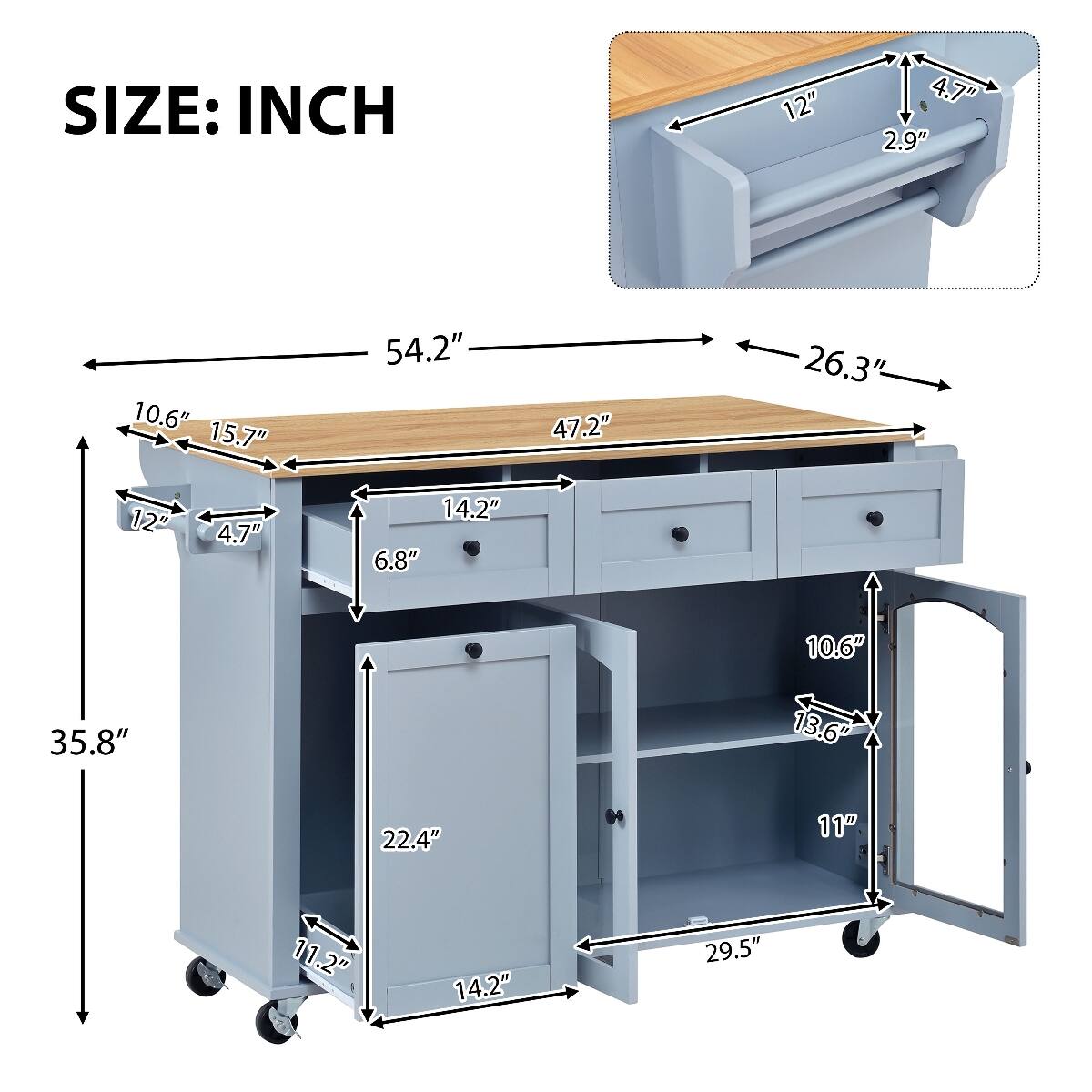 SIZE: INCH

12"  
4.7" 2.9"  
10.6" 15.7"  
54.2"  
47.2"  
26.3"  
12"  
4.7"  
14.2" 6.8"  
10.6"  
35.8"  
13.6"  
22.4"  
11"  
11.2"  
14.2"  
29.5"
