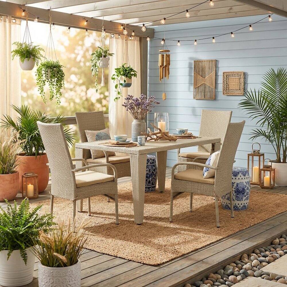Alt View 2. Outdoor Escape - Neutral Linen Wicker Patio Set with Dining Table and 4 Outdoor Chairs - Brown.