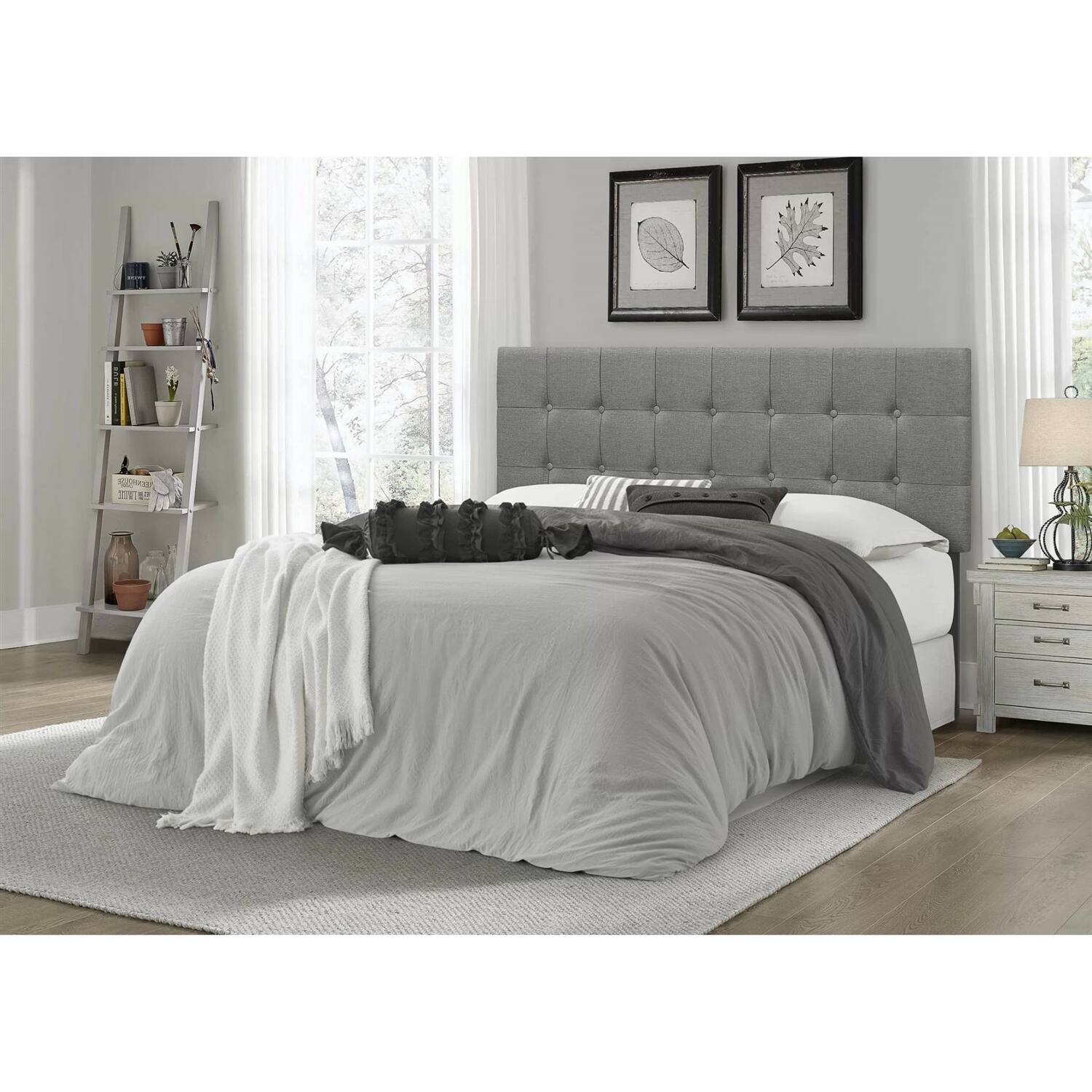 Back. Hivvago - Full size Contemporary Button-Tufted Headboard in Grey Upholstered Fabric - Gray.