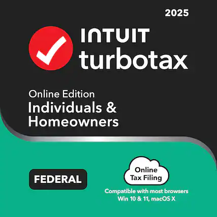 2025 TurboTax Online Edition Individuals & Homeowners Online FEDERAL Tax Filing Compatible with most browsers Win 10 & 11, macOS X