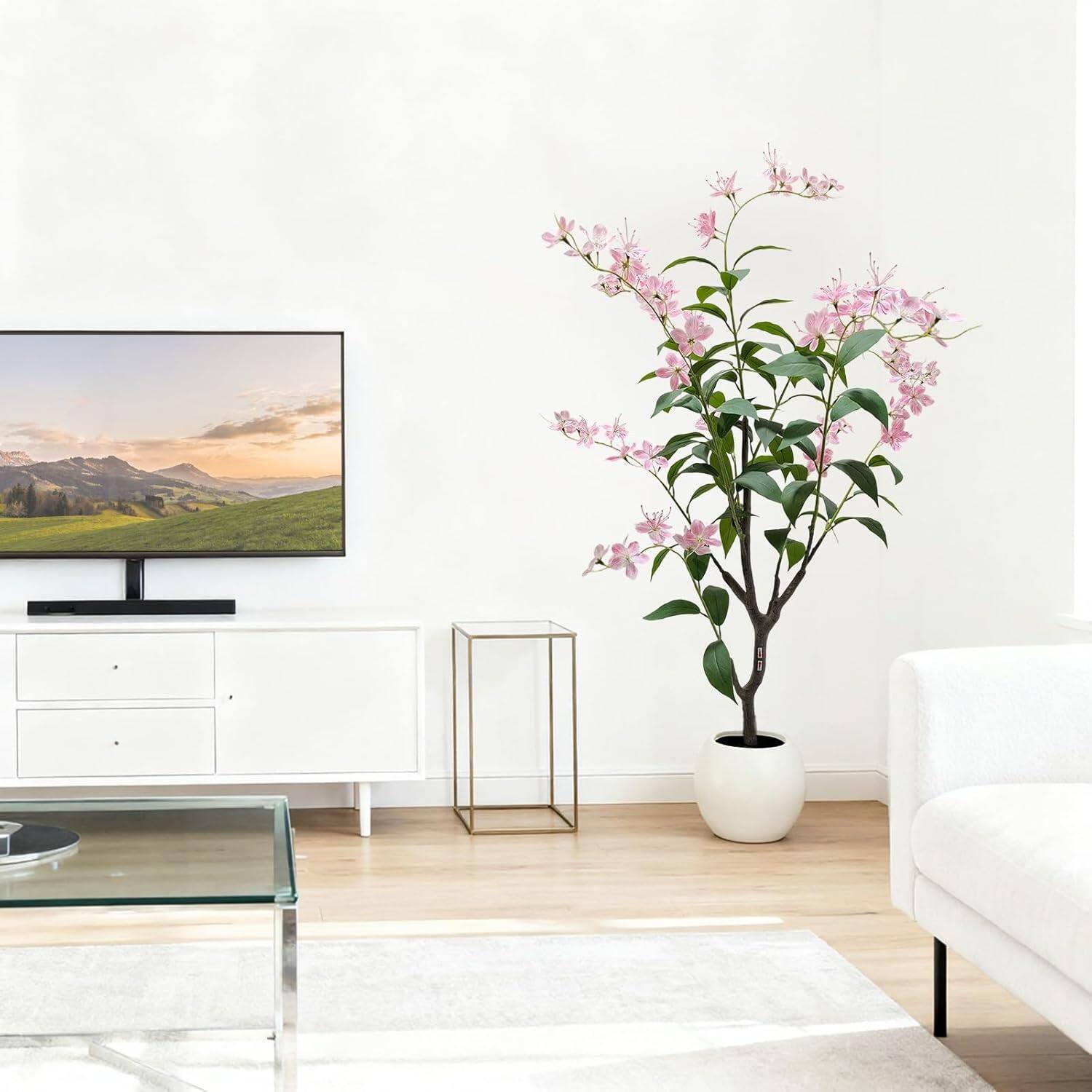 Alt View 1. Homhougo - 4FT Indoor Artificial Trees for Home Decor, Outdoor Pink Fake Flowers, Fake Plants, Bonsai Tree, Model Trees, Faux Tree - Jasmine.