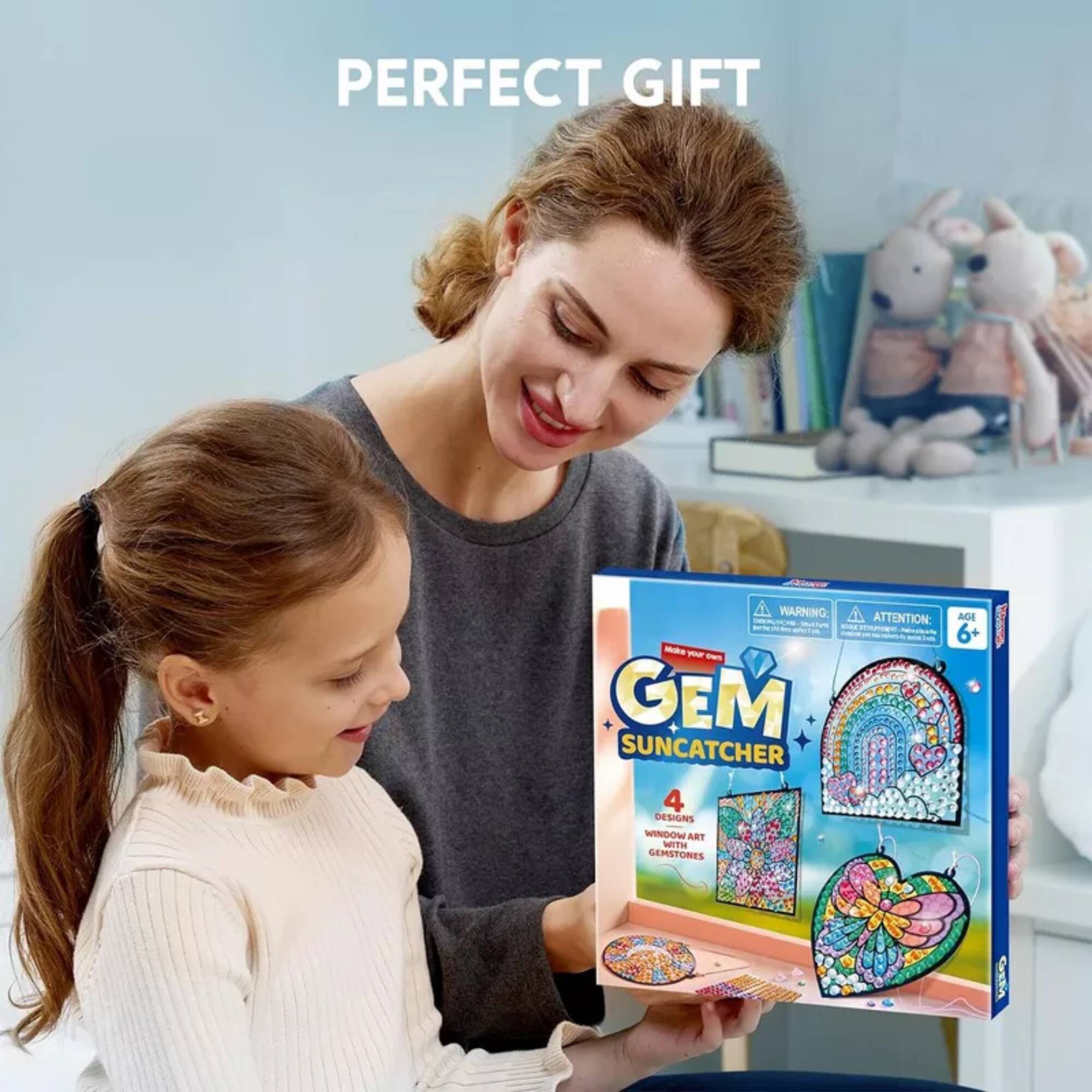 PERFECT GIFT

A WARNING: - - - + GEM SUNCATCHER 4 DESIGNS WINDOW ART WITH GENSTONES ATTENTION AGE 6+