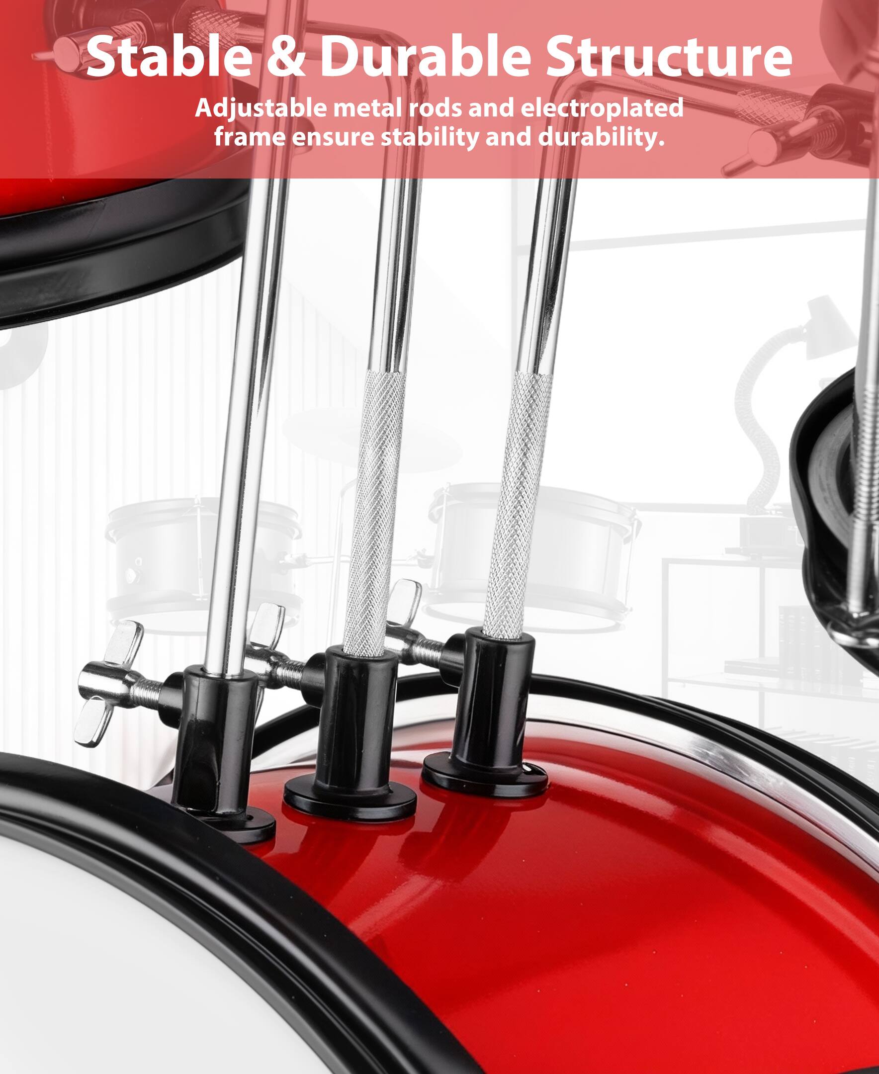 Alt View 4. Sugift - 3-Piece Kids Drum Set with Adjustable Stool, Bass Pedal & Cymbal – Realistic Junior Drum Kit for Ages 3+ - Red.