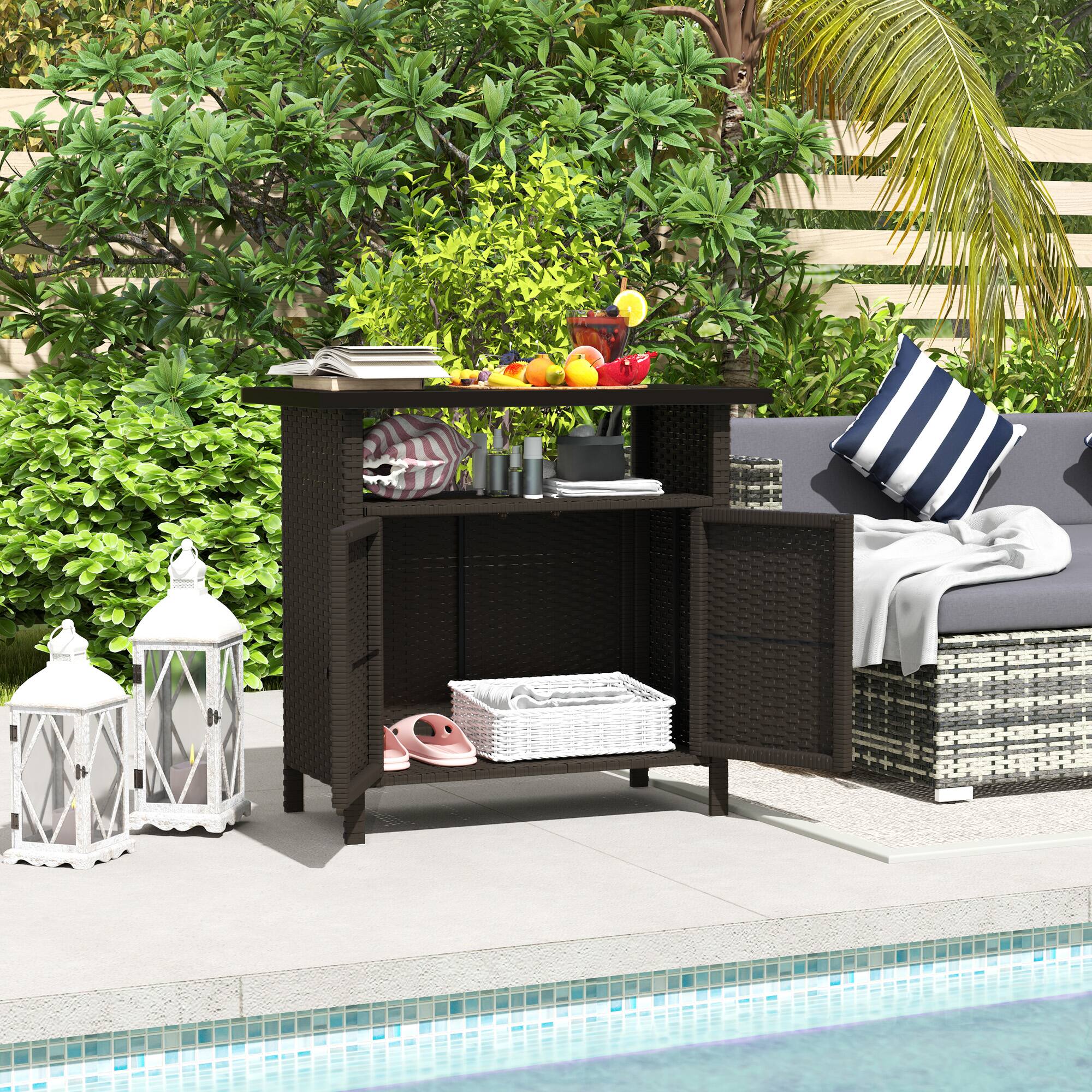 Alt View 1. Outsunny - Wicker Outdoor Storage Cabinet, Rattan Outdoor Bar Table with 2 Doors and Shelf, Outdoor Buffet Cabinet Sideboard - Dark Coffee.