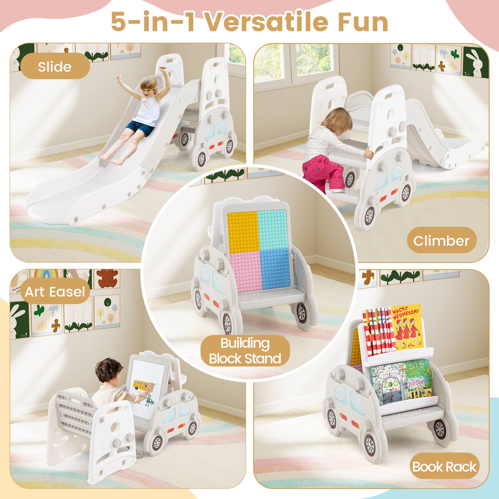 5-in-1 Versatile Fun Slide Climber Art Easel + Building Block Stand WACKY WEDNESDAY Book Rack