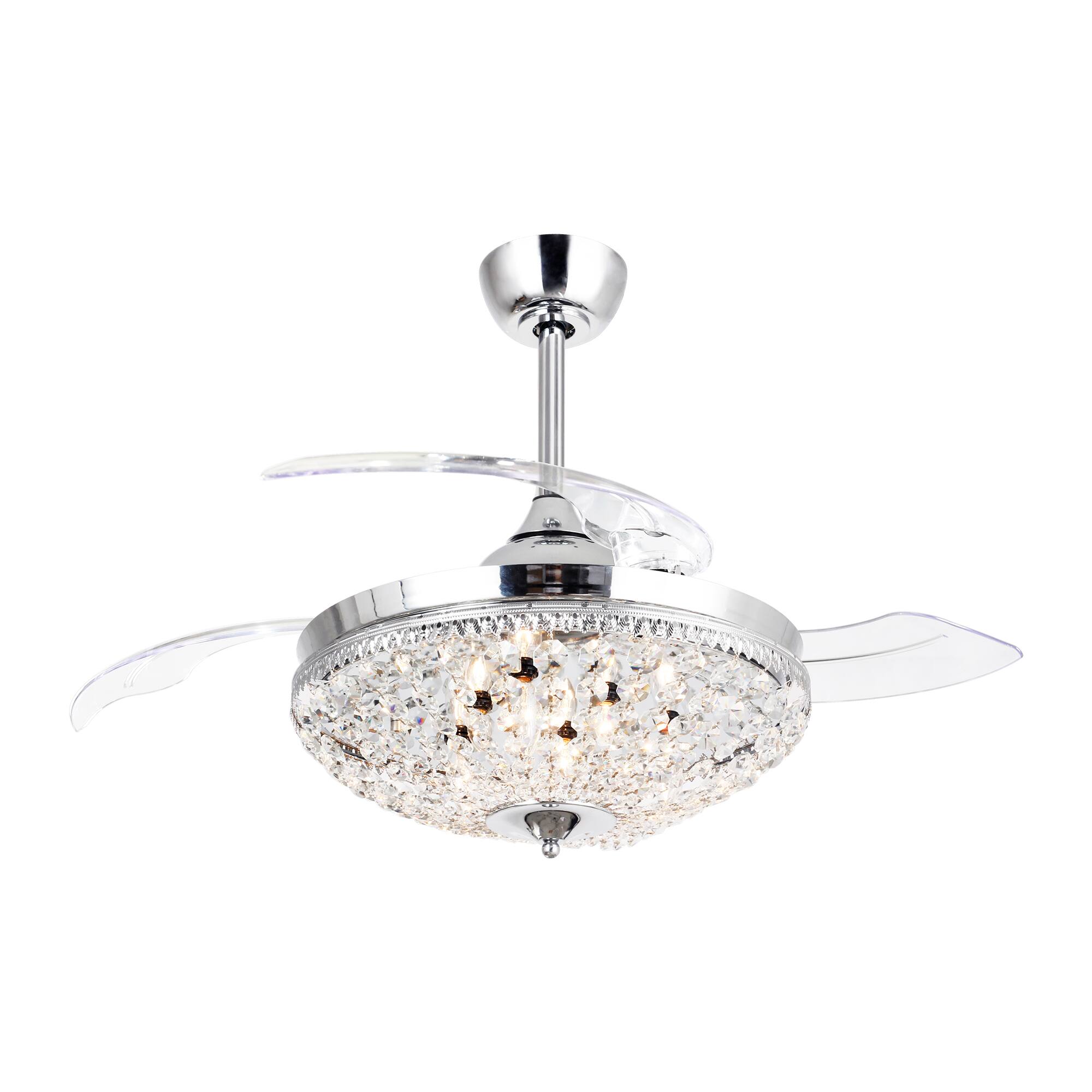 Front. Parrot Uncle - 42" Modern Chrome 6-light Chandelier Crystal Ceiling Fan with Remote - Chrome.