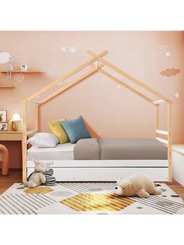 Trinkets Crazed - Twin House Bed With Trundle, Twin Size Wood Montessori Tent Platform Bed Frame With Safety Guardrail - White
