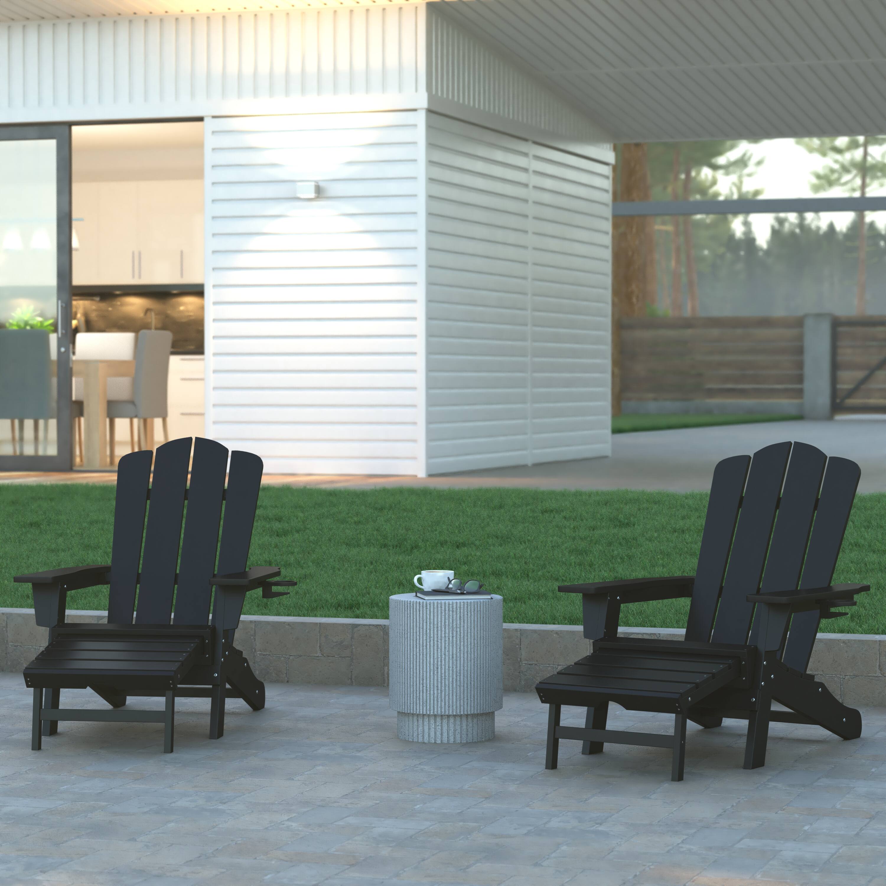 Alt View 2. Emma + Oliver - Haley Set of 2 Adirondack Chairs with Cup Holders and Pull Out Ottoman, All-Weather HDPE Indoor/Outdoor Lounge Chairs - Black.
