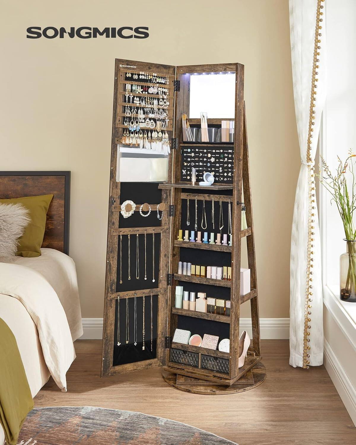 Alt View 3. Songmics Home - 360° Swivel Lockable Jewelry Organizer with Full-Length Mirror, Rustic Brown - Rustic Brown.