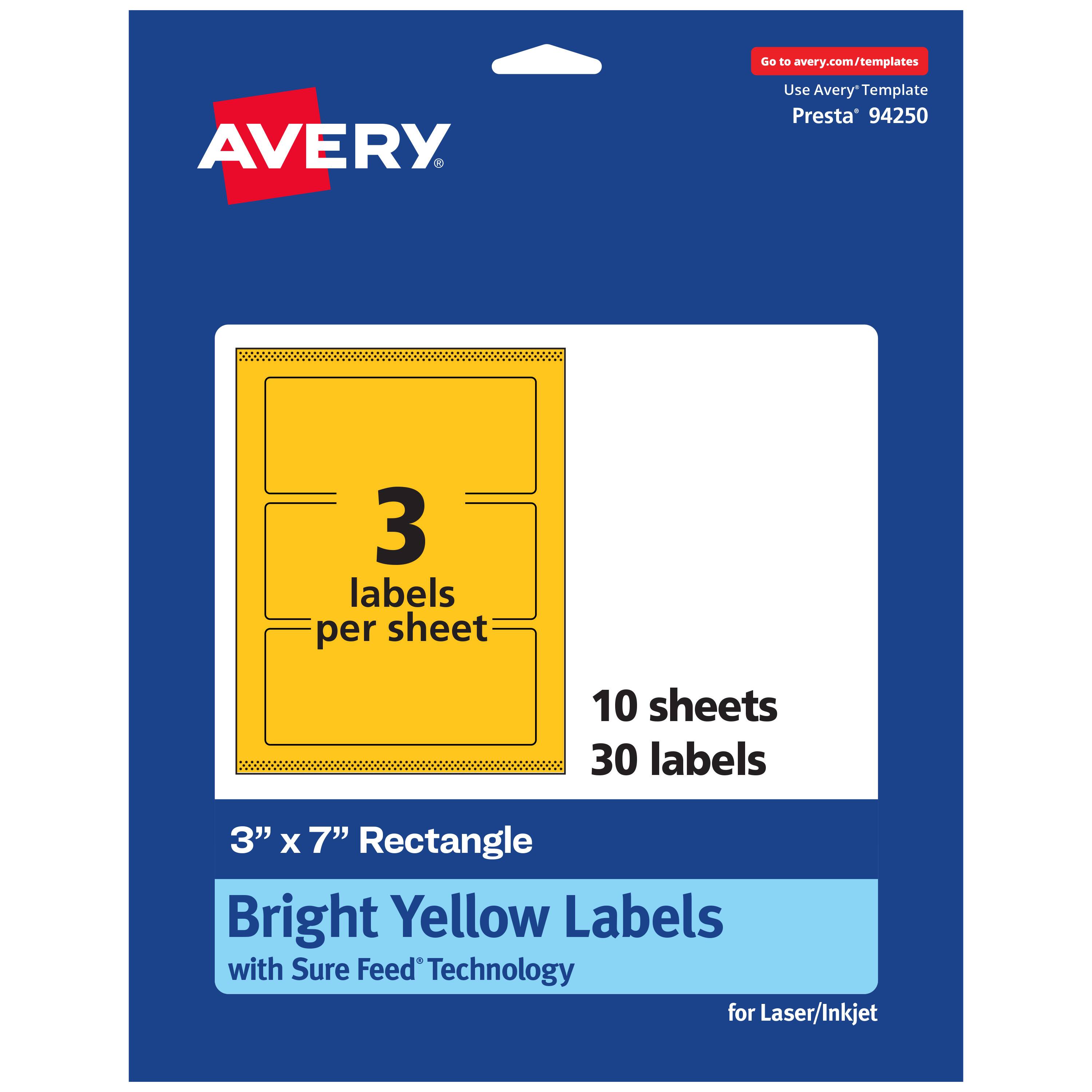 Go to avery.com/templates  
Use Avery Template Presta® 94250  
3 labels per sheet  
10 sheets  
30 labels  
3" x 7" Rectangle  
Bright Yellow Labels with Sure Feed Technology for Laser/Inkjet