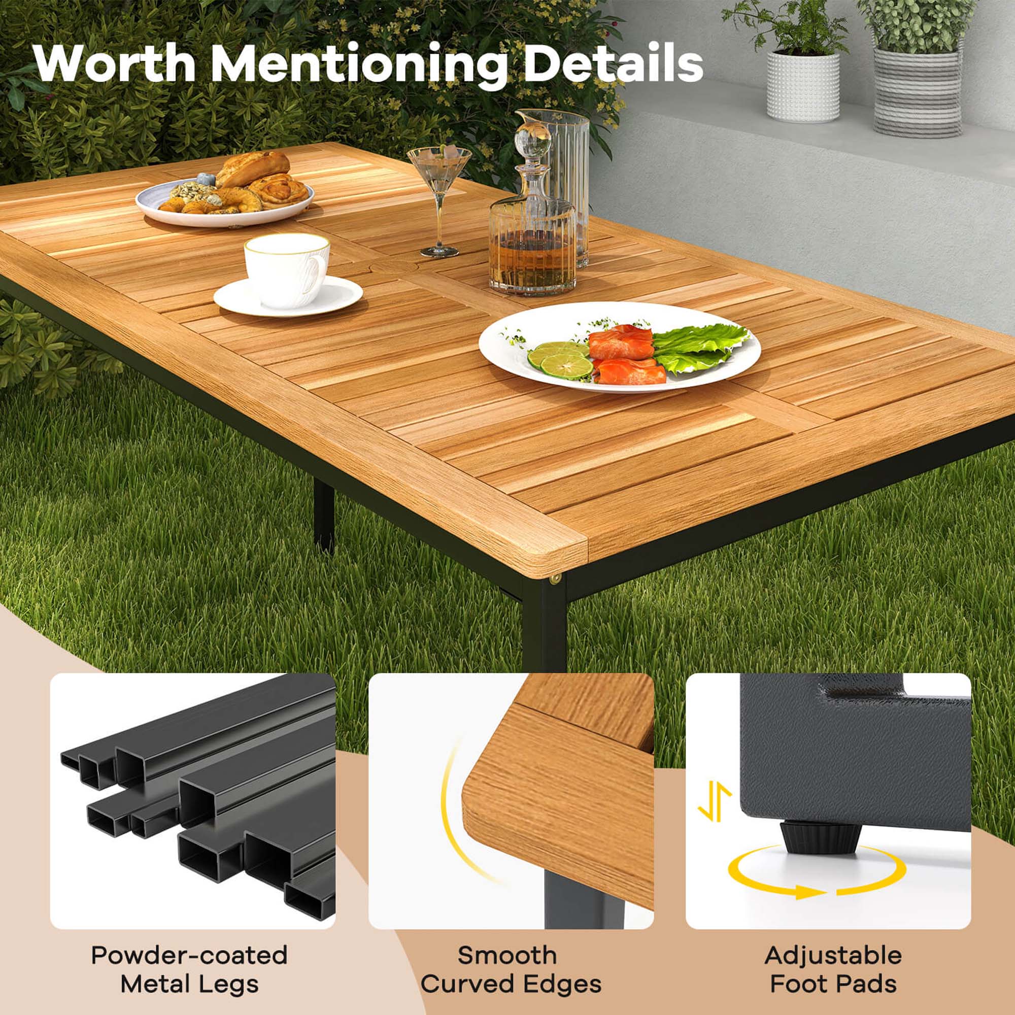 Worth Mentioning Details Powder-coated Metal Legs Smooth Curved Edges Adjustable Foot Pads