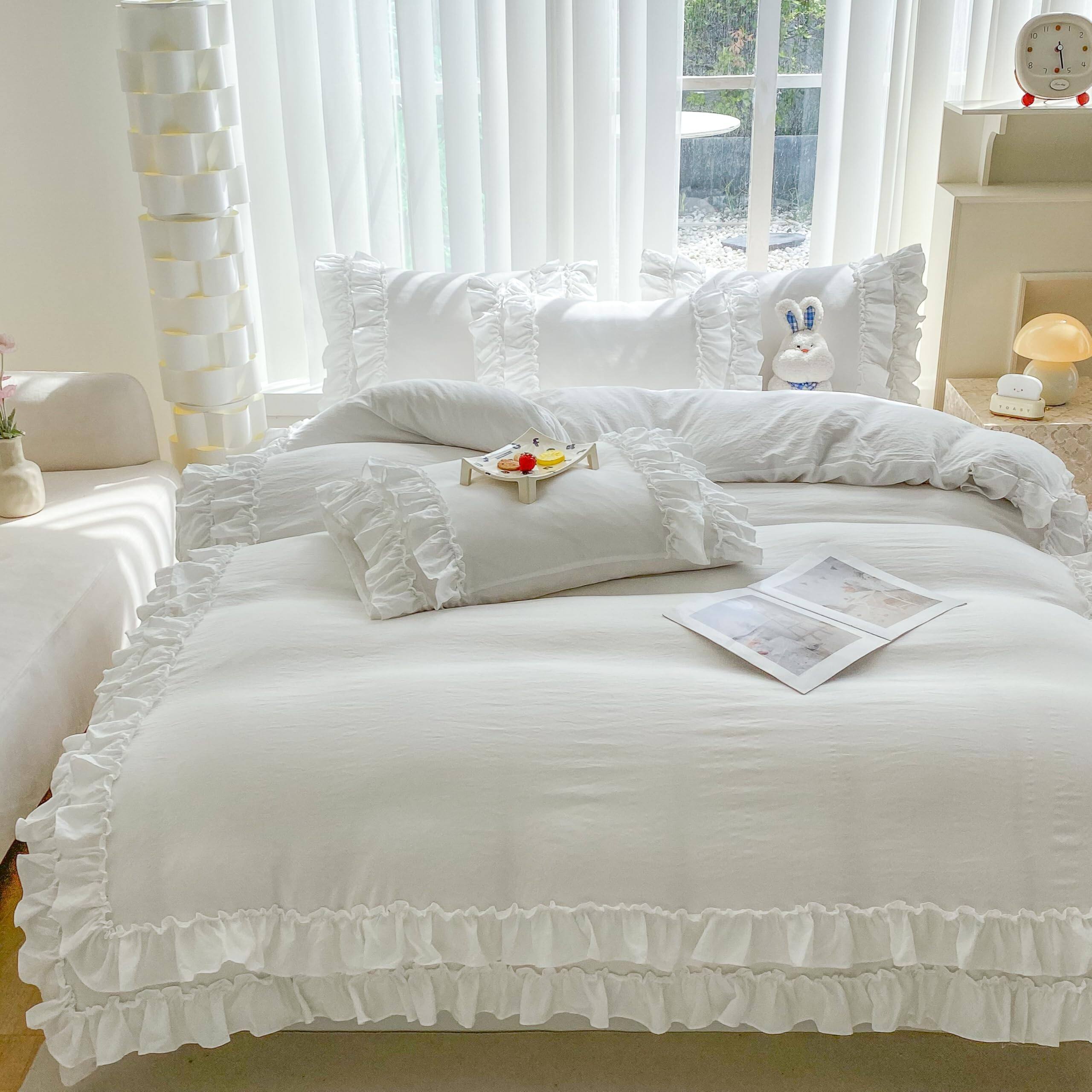 Back. Earthley Blooms - Shabby Chic 3 Pieces Bedding Vintage Ruffled Full Duvet Cover Set With 2 Layers Ruffles Soft Brushed - Solid White-Queen.