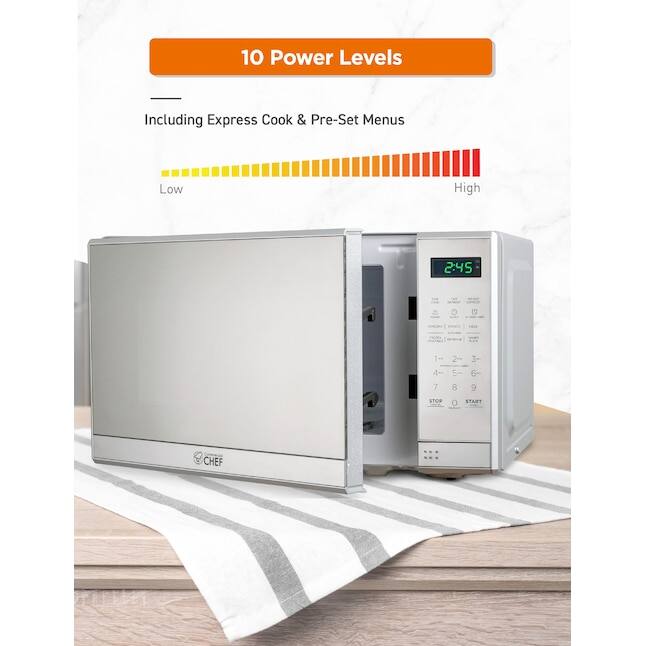 10 Power Levels Including Express Cook & Pre-Set Menus Low High

2:45

1 2 3 4 5 6 7 8 9 STOP 0 START

CHEF