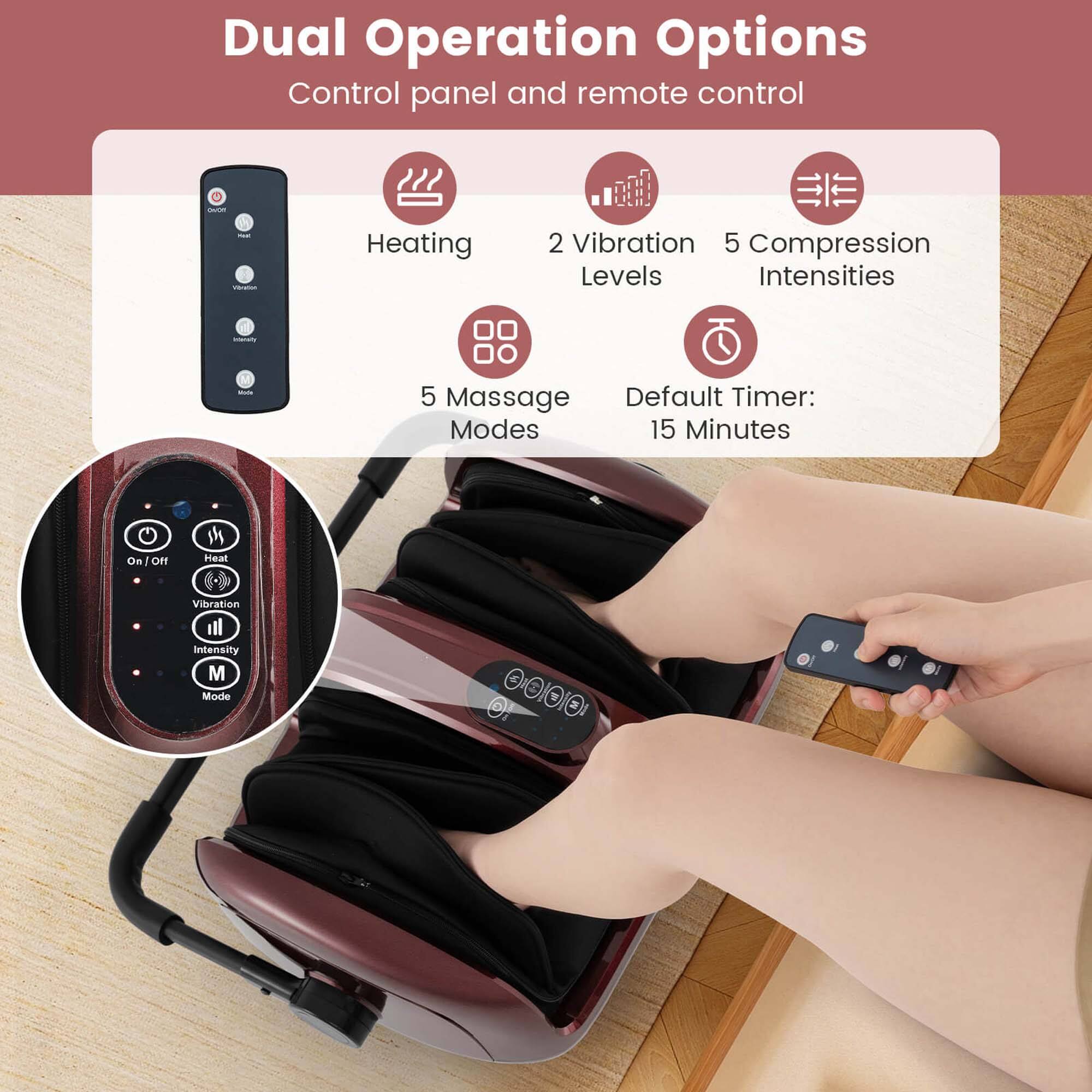 Dual Operation Options:
- Control panel and remote control
- Heating: 2 Vibration: 5
- Compression Levels: 5
- Intensities: 5
- Massage: Default Timer: 15 Minutes
- On - On Heat, vibration all Intensity M Mode & 001OIO.