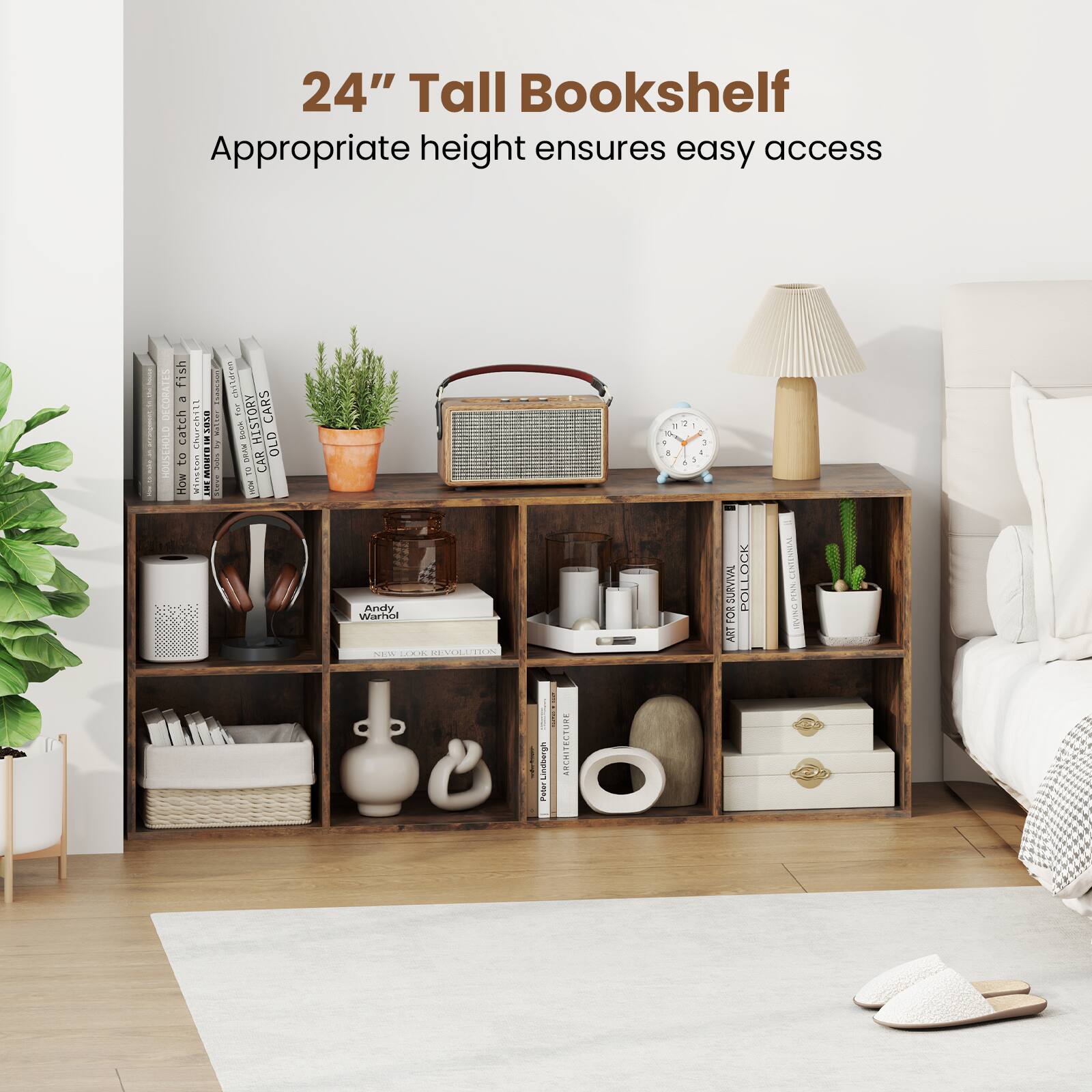 The text on the image reads: "24" Tall Bookshelf Appropriate height ensures easy access."