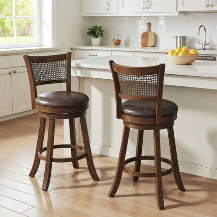 Front. Kadyn - Set of 2 29-Inch Swivel Counter-Height Barstools with Rattan Backrest and Footrest, Brown - Brown.