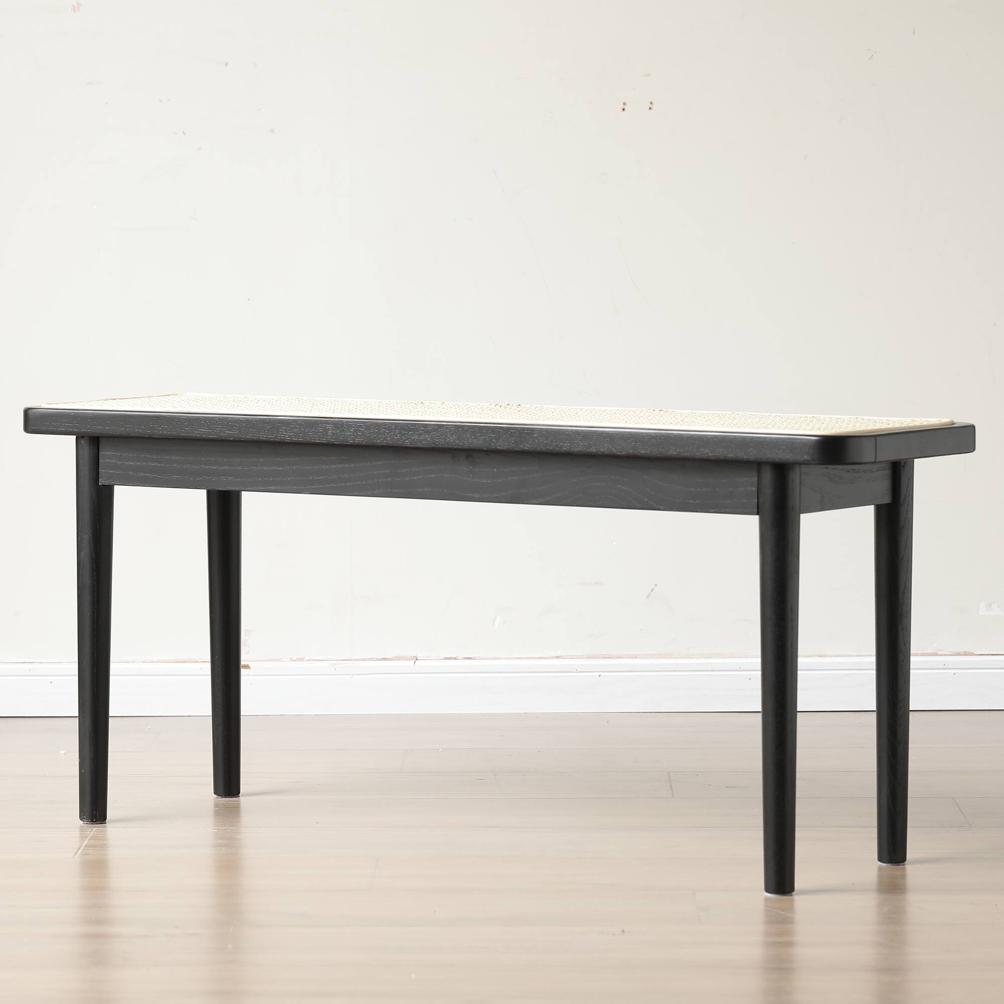 Angle. Ropilly - Ropilly Black Solid Oak Wood Dining Bench with Rattan Seat Entryway End of Bed Bench 47 Inch - Black.