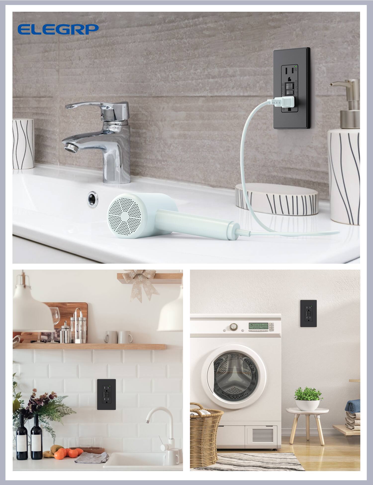 Alt View 6. ELEGRP - ELEGRP GFCI Outlet 15A, Tamper Resistant GFCI Electrical Receptacle w/ Screwless Wall Plate, UL Listed, Black 6PC - Black.