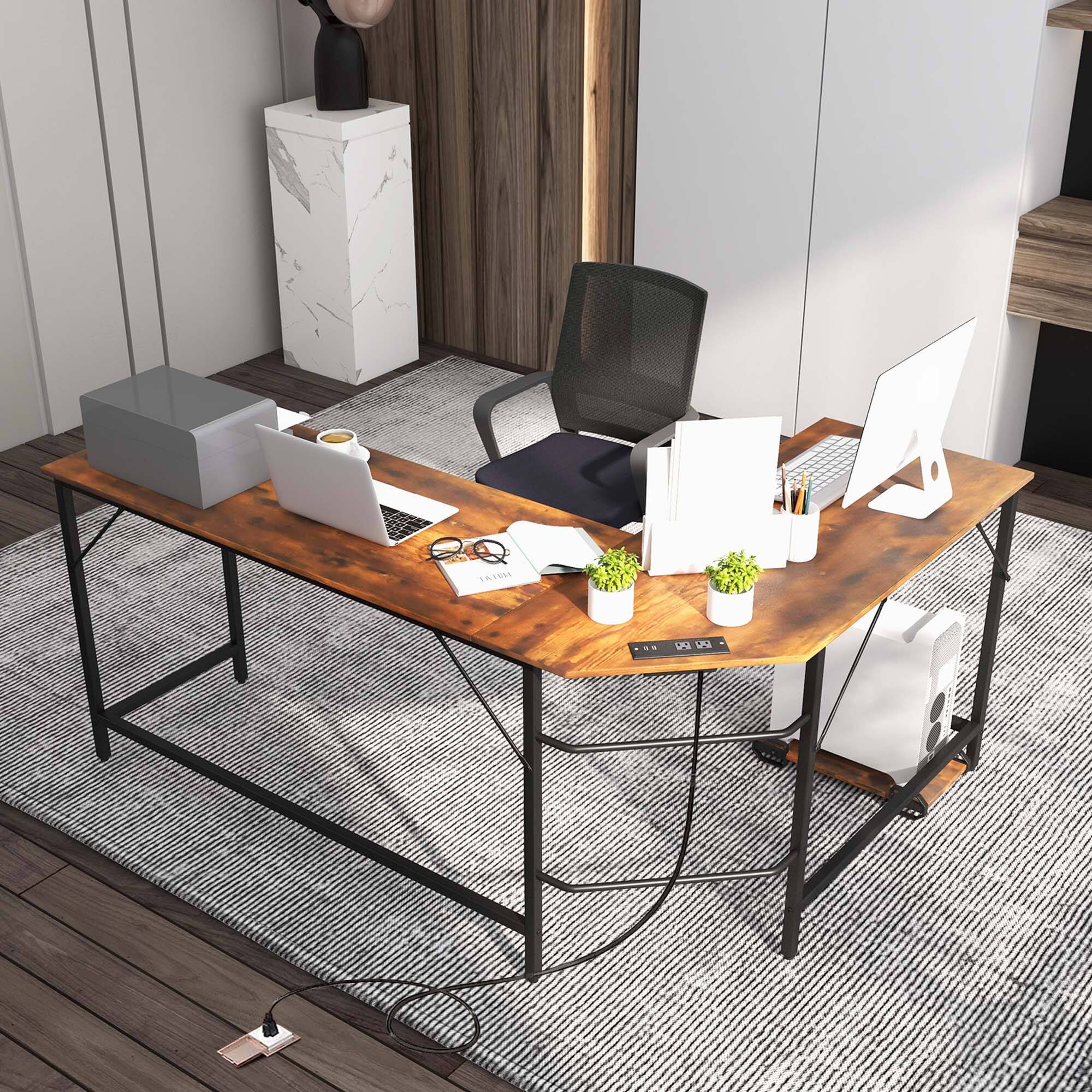 Alt View 11. Costway - L-Shaped Gaming Desk with Power Outlets - Rustic Brown.