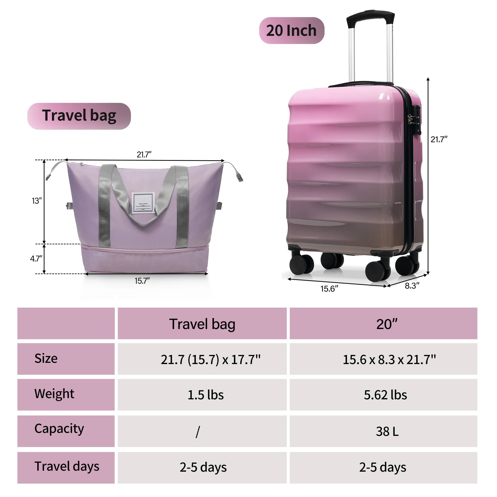 - **Travel bag**
  - Size: 21.7" (15.7" x 17.7")
  - Weight: 1.5 lbs
  - Capacity: /
  - Travel days: 2-5 days

- **20"**
  - Size: 15.6" x 8.3" x 21.7"
  - Weight: 5.62 lbs
  - Capacity: 38 L
  - Travel days: 2-5 days