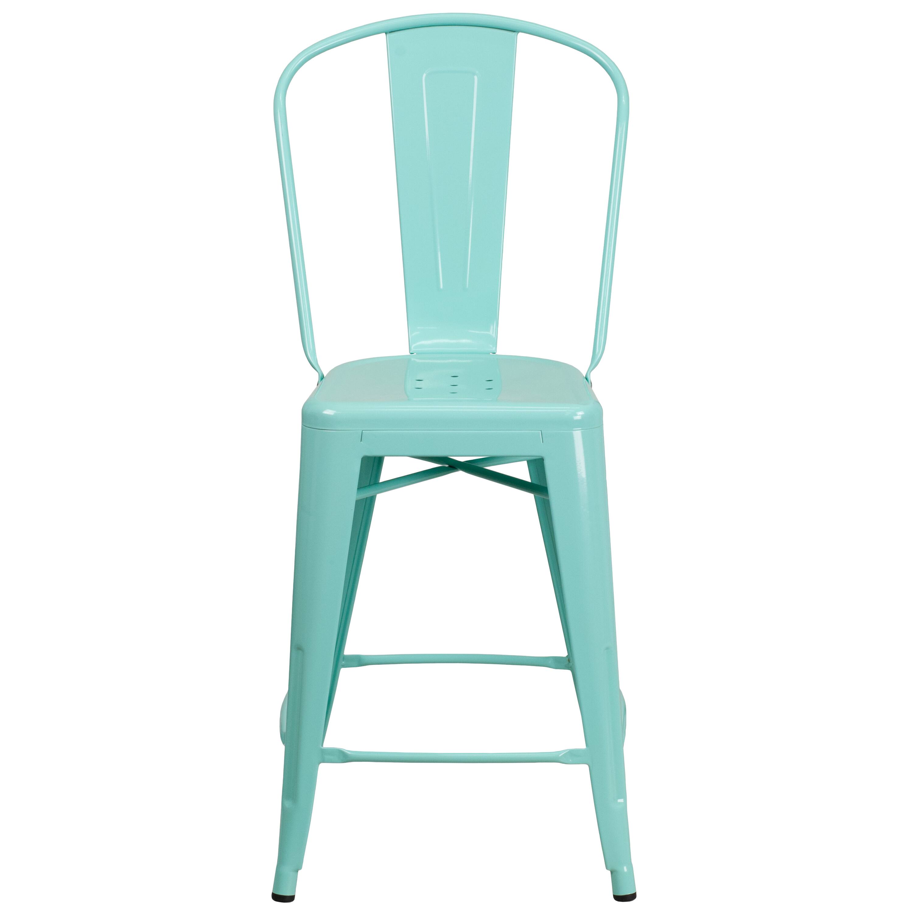 Alt View 7. Emma + Oliver - Commercial Grade 24"H Metal Indoor-Outdoor Counter Stool w/ Drain Holes and Back - Mint Green.