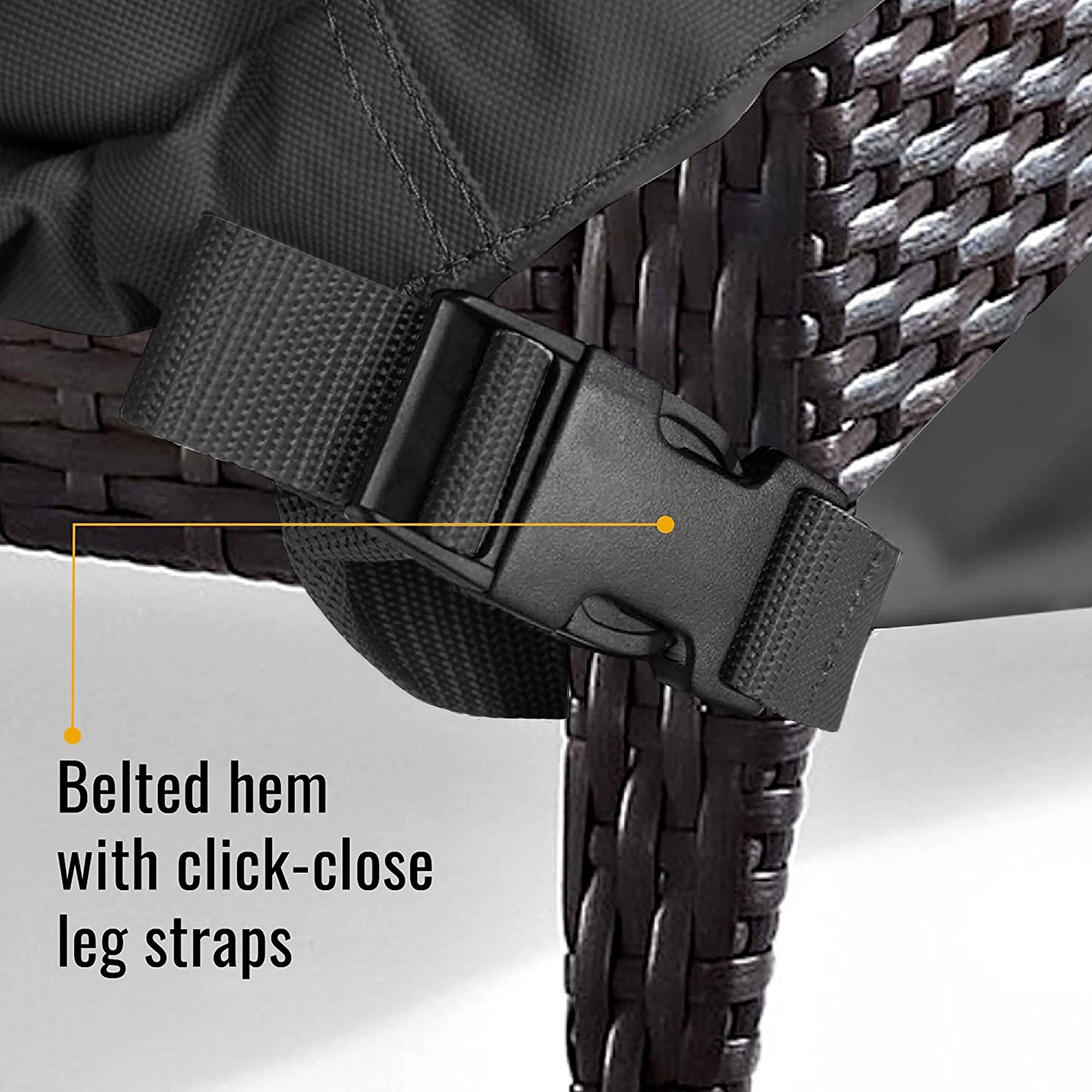 Belted hem with click-close leg straps