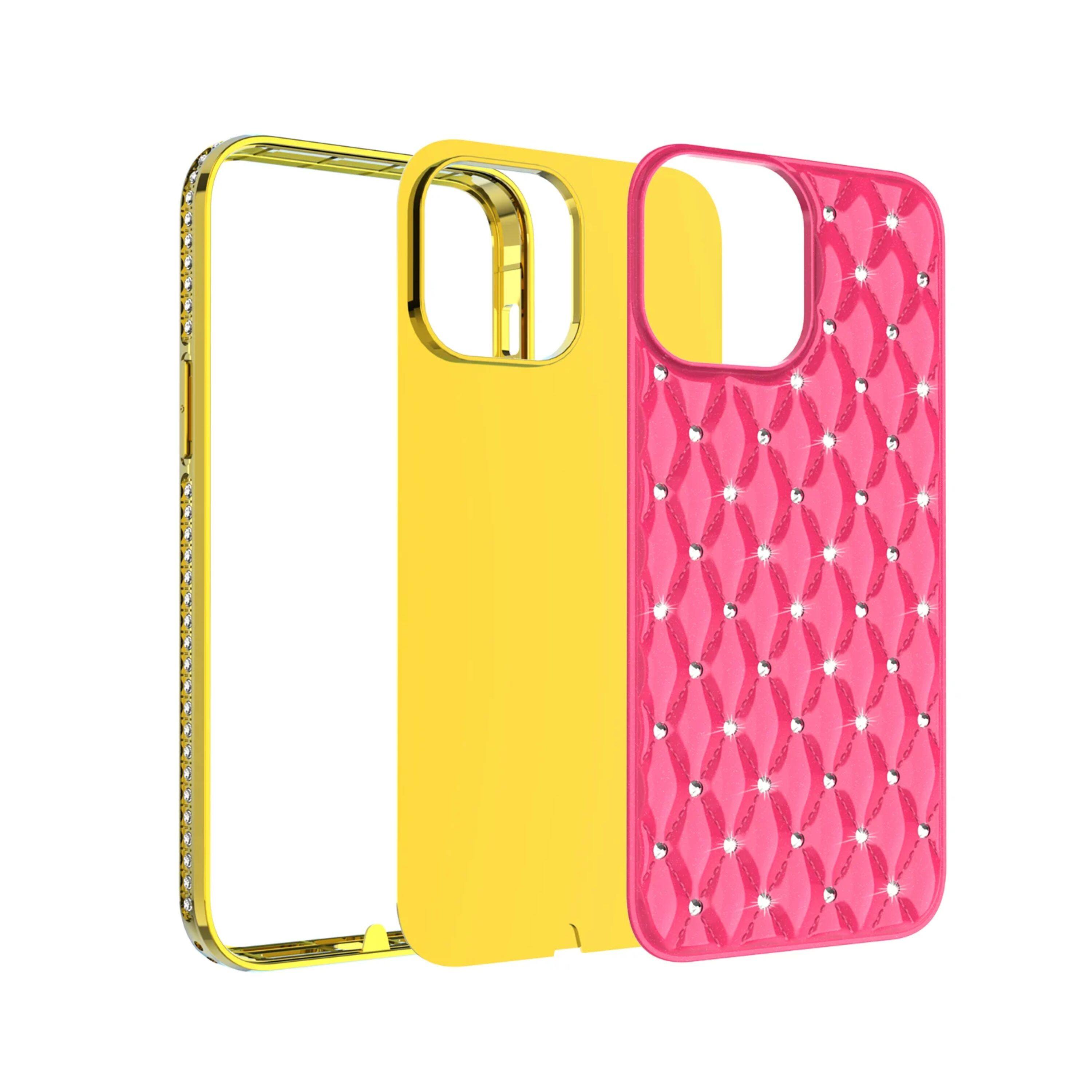 Back. Kitcheniva - Quilted Design Diamond Bling Chrome Plated Frame Phone Case For iPhone 14 Pro Hot Pink - Hot Pink.