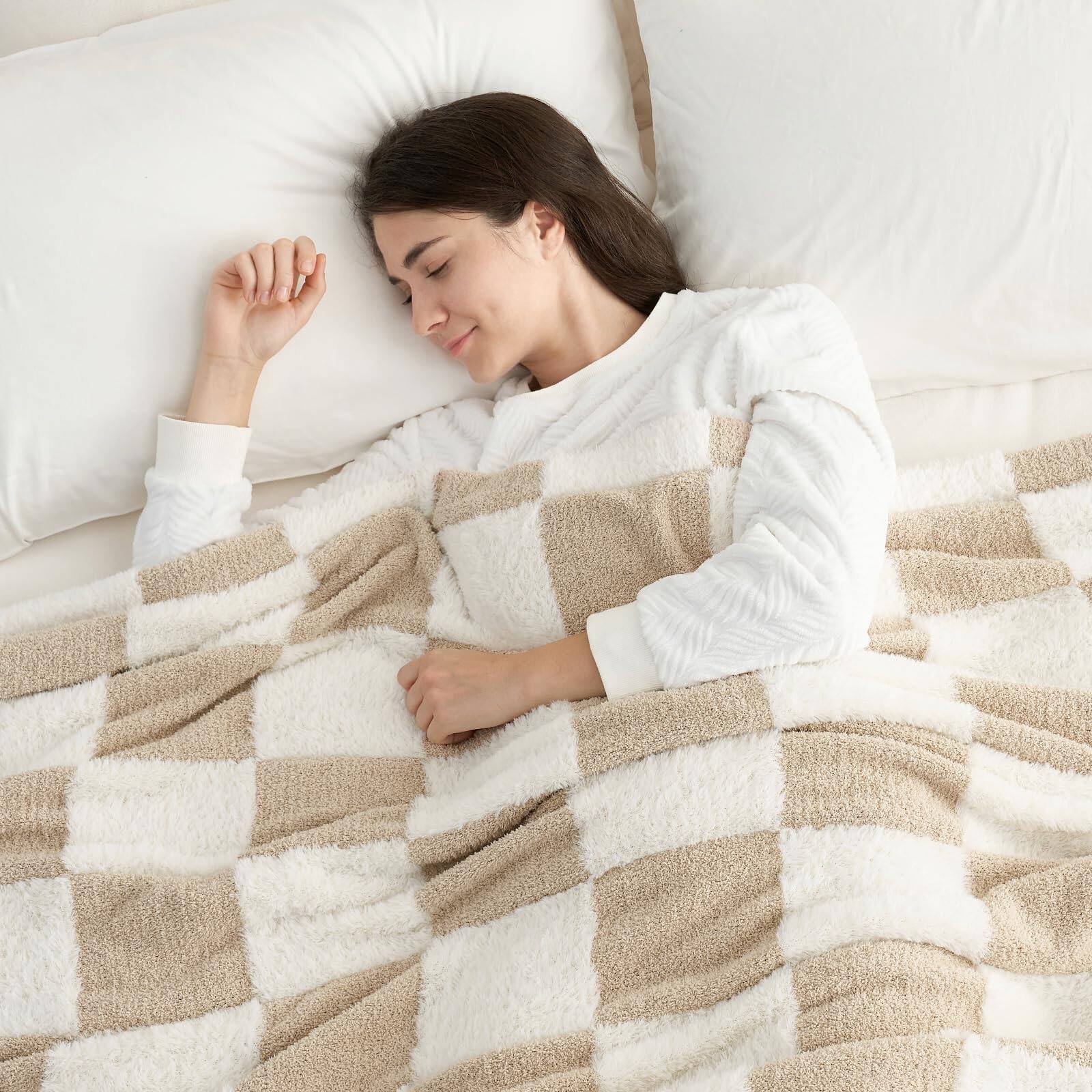 Alt View 3. NICHOLAS KLEIN - Checkered Throw Blanket Faux Microfiber Blankets For Couch Cozy Soft Warm Sofa Bedroom Living Room Beige Ch... - Solid Blue Twin(60"x80").