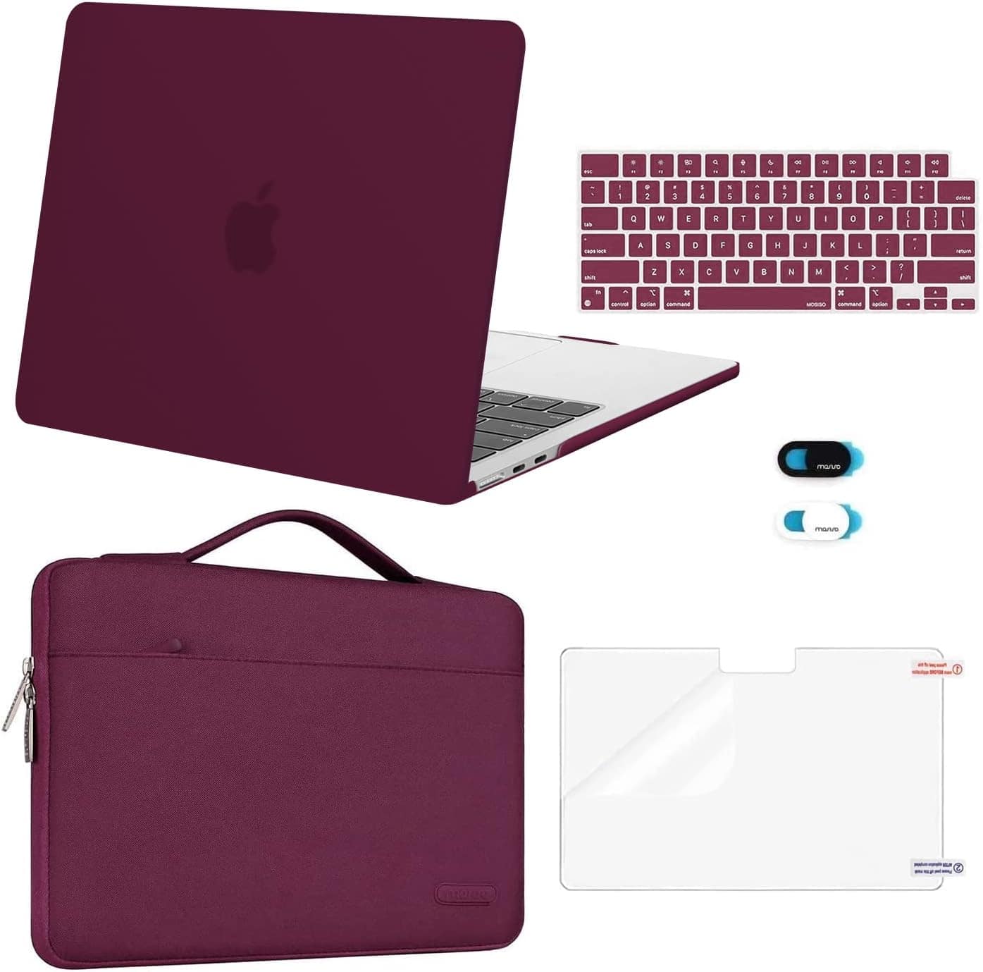 mosiso - 5in1 Kit for MacBook Air 13-Inch M5 M4 M3 M2 2022-2026, Hard Shell&Sleeve Bag&Keyboard Skin&Webcam Cover&Screen Film - Burgundy