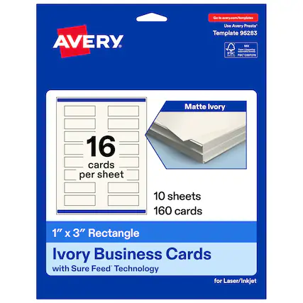 Go to avery.com/templates
AVERY
Use Avery Presta™ Template 95283
Matte Ivory
16 cards per sheet
10 sheets
160 cards
1" x 3" Rectangle
Ivory Business Cards with Sure Feed™ Technology for Laser/Inkjet
