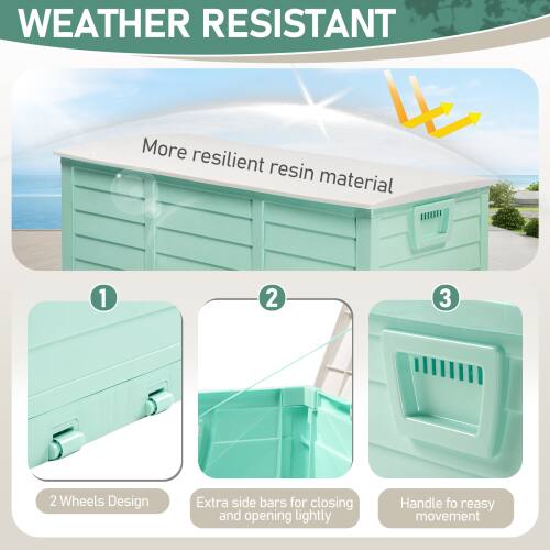 WEATHER RESISTANT

More resilient resin material

1. 2 Wheels Design
2. Extra side bars for closing and opening lightly
3. Handle for easy movement